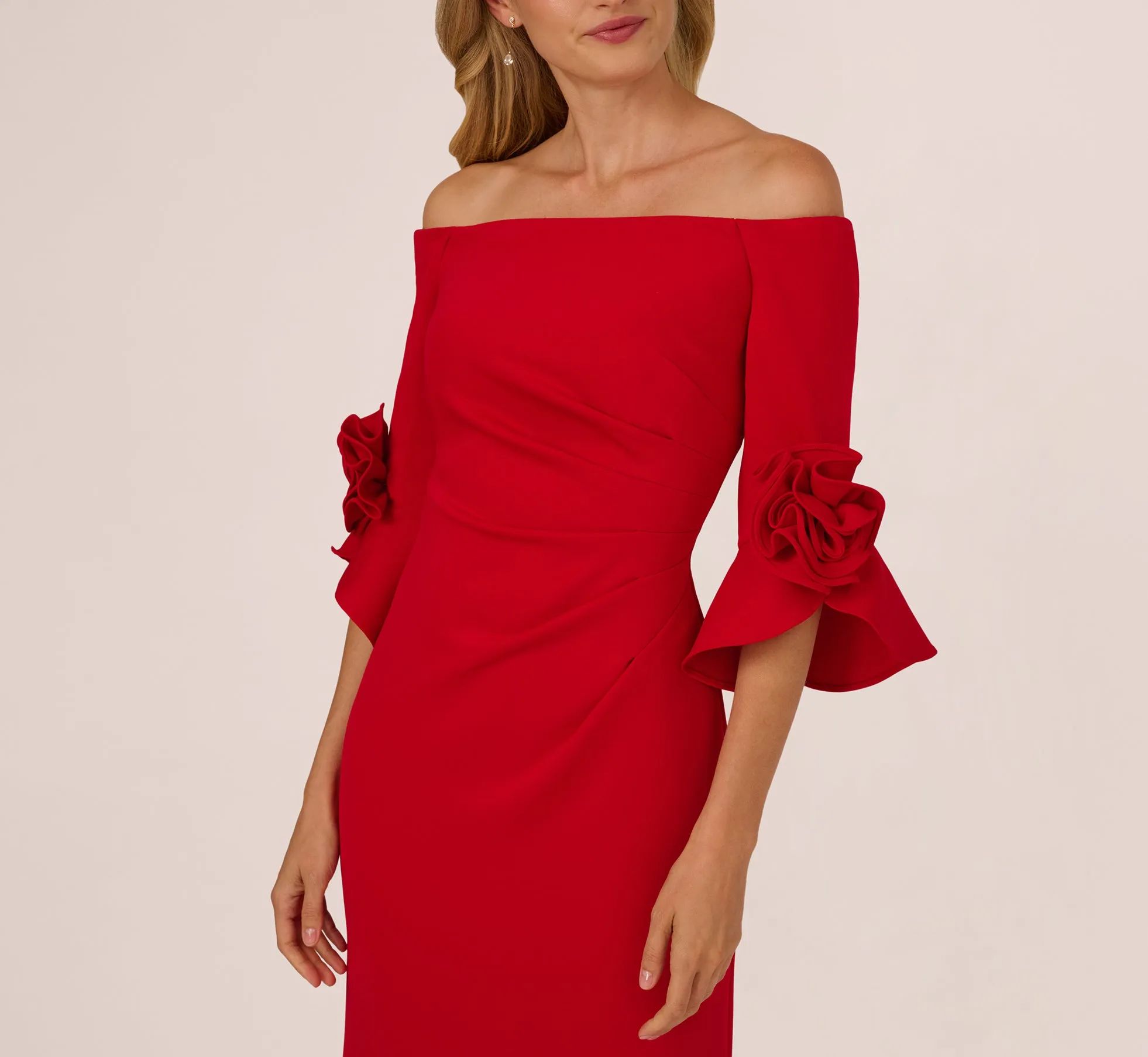 Off Shoulder Bell Sleeve Rosette Gown In Super Red sold by Adrianna Papell product image thumbnail 3