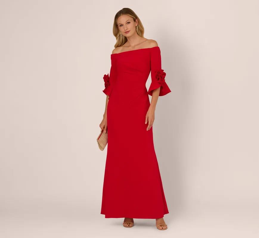 Off Shoulder Bell Sleeve Rosette Gown In Super Red sold by Adrianna Papell
