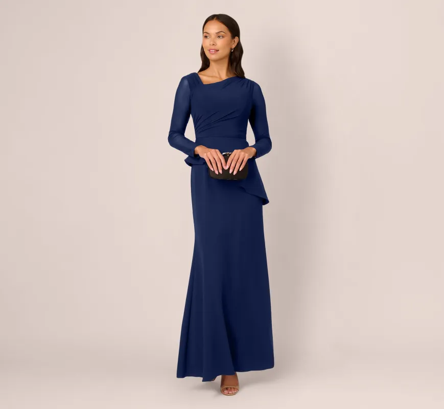 Knit Crepe Combo Mesh Gown In Navy Sateen sold by Adrianna Papell