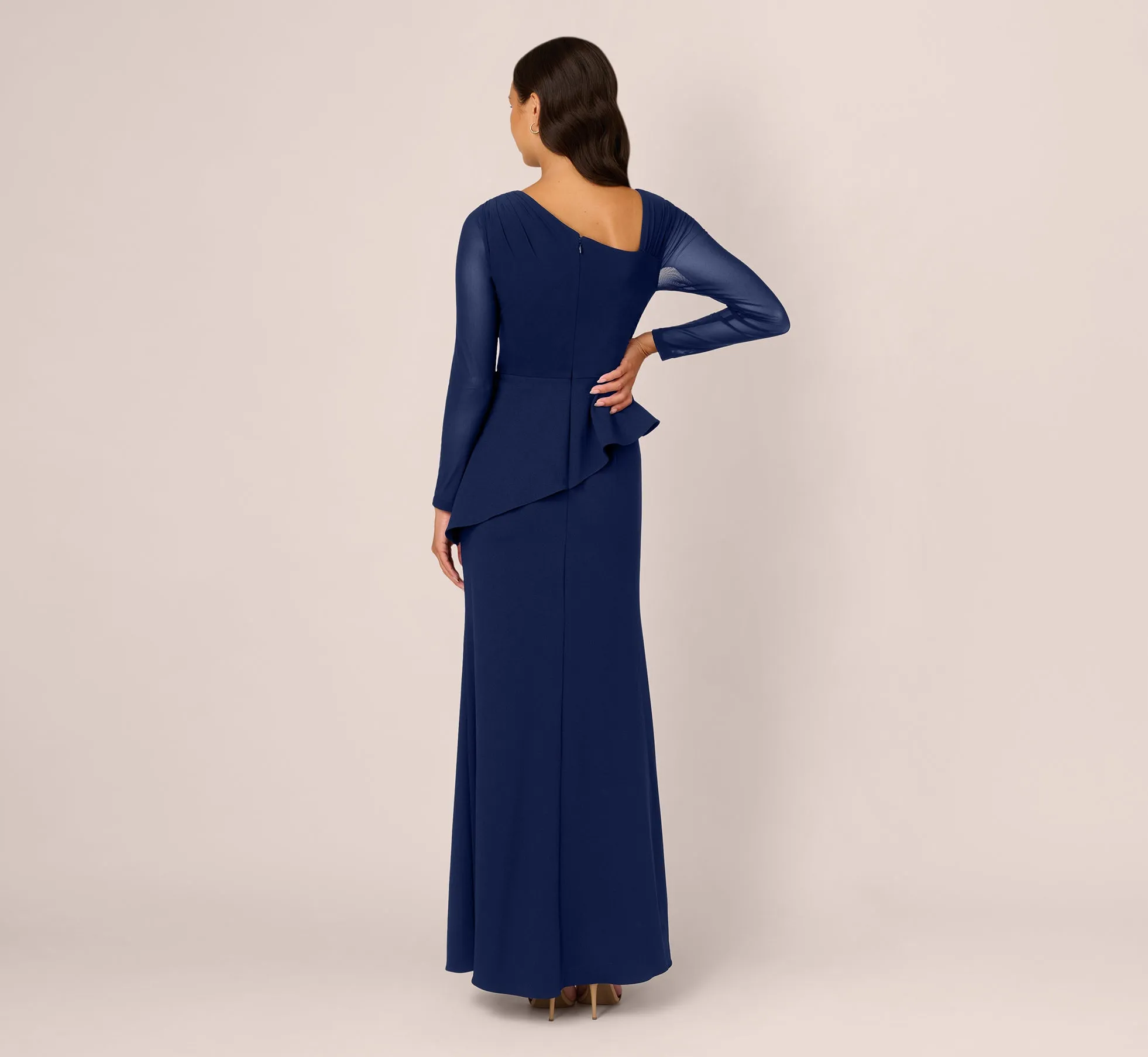Knit Crepe Combo Mesh Gown In Navy Sateen sold by Adrianna Papell product image thumbnail 5