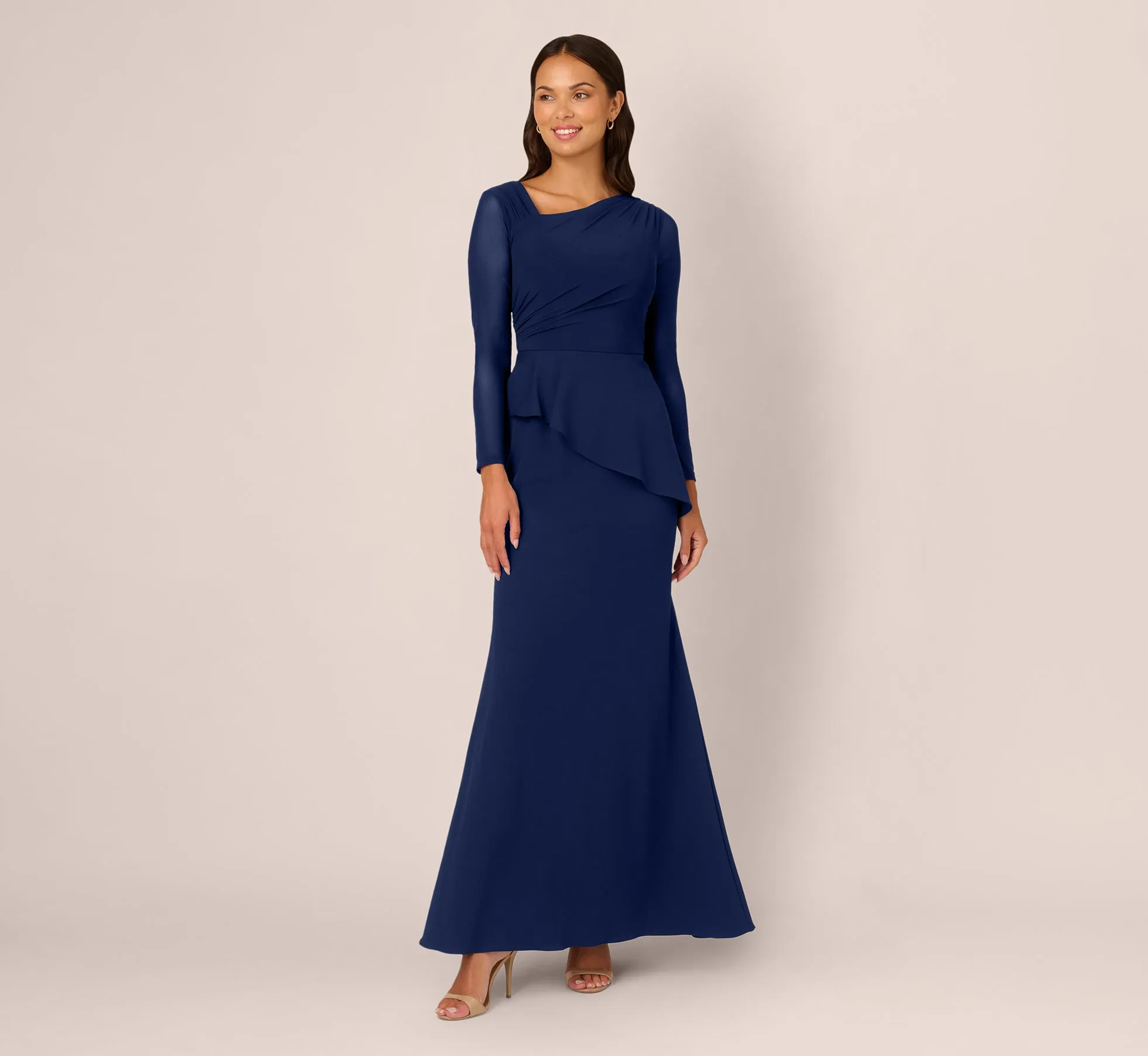 Knit Crepe Combo Mesh Gown In Navy Sateen sold by Adrianna Papell product image thumbnail 2