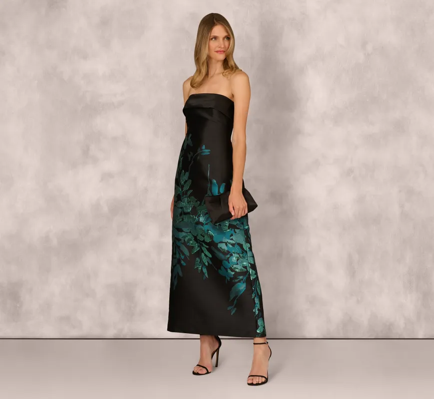 Sleeveless Metallic Floral Jacquard Gown In Black Teal sold by Adrianna Papell