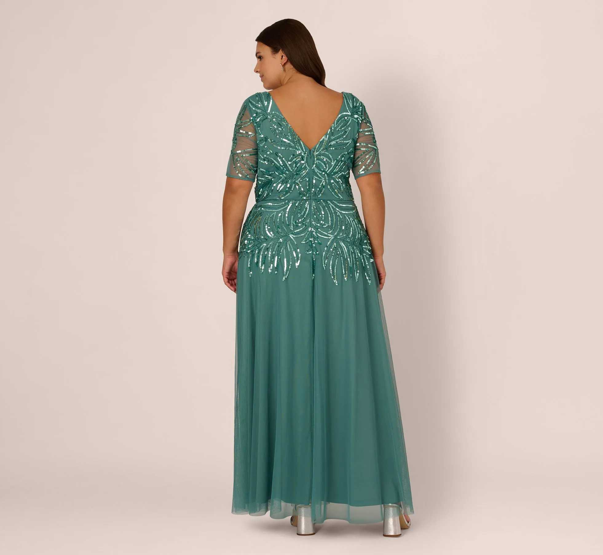 Plus Size Beaded Mesh Long Dress In Green Slate sold by Adrianna Papell product image thumbnail 5
