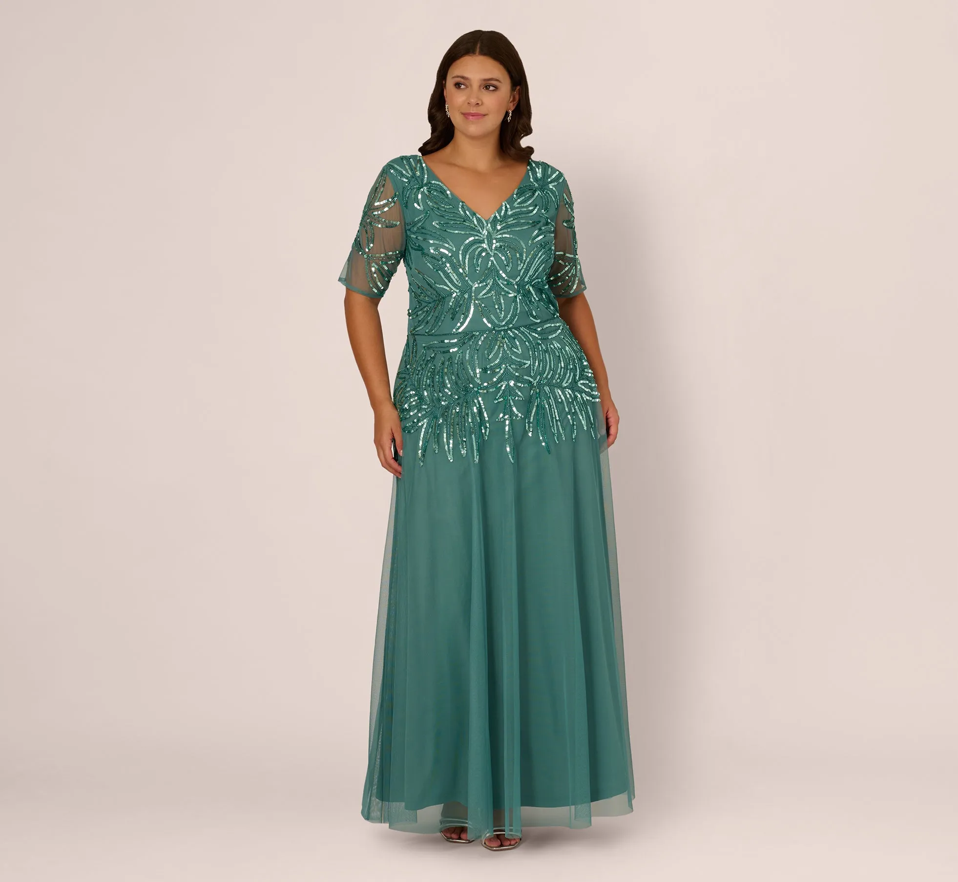 Plus Size Beaded Mesh Long Dress In Green Slate sold by Adrianna Papell product image thumbnail 2
