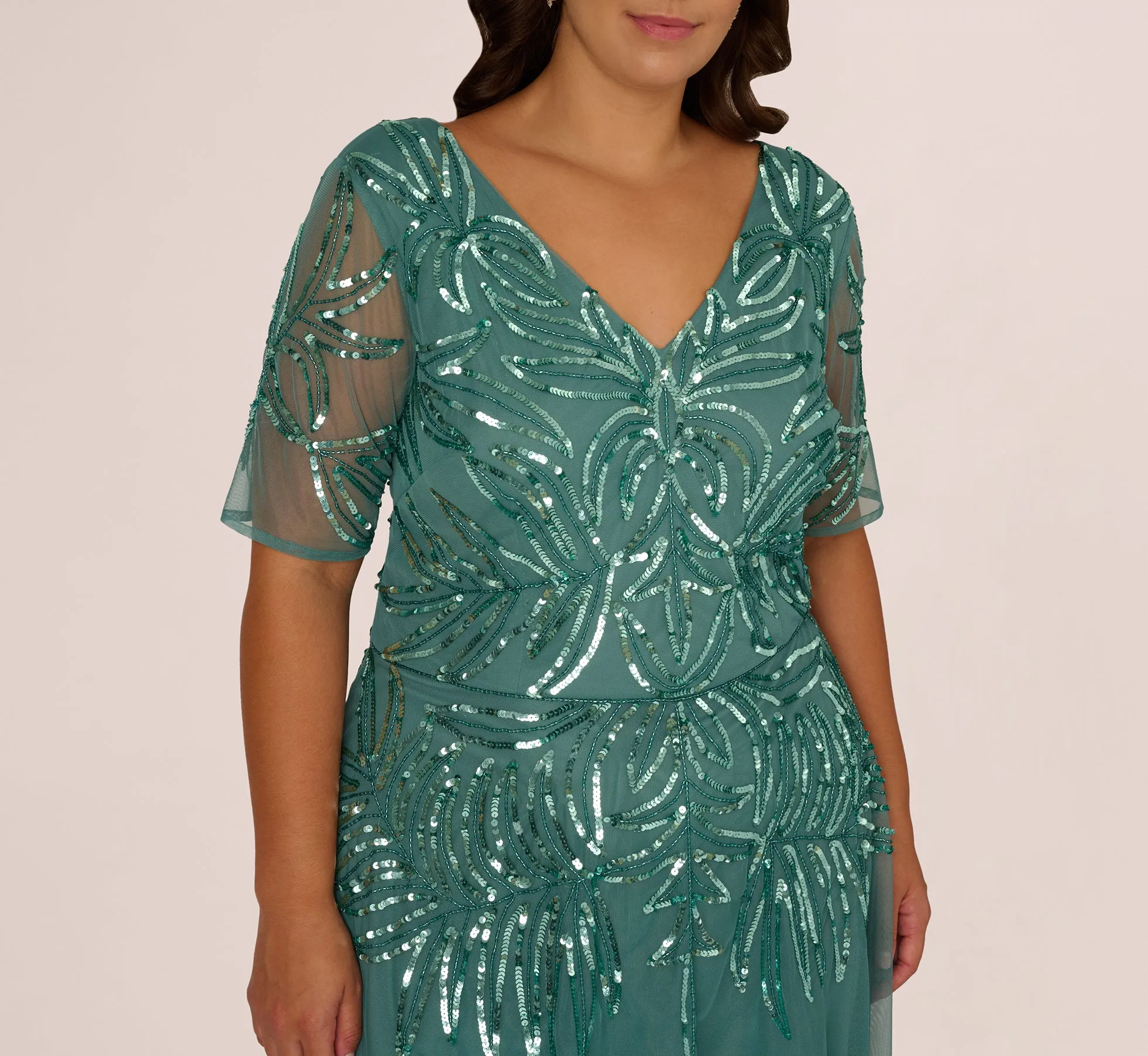 Plus Size Beaded Mesh Long Dress In Green Slate sold by Adrianna Papell product image thumbnail 3