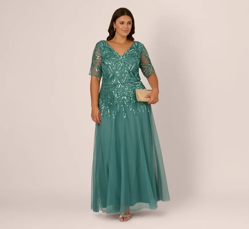 Plus Size Beaded Mesh Long Dress In Green Slate sold by Adrianna Papell