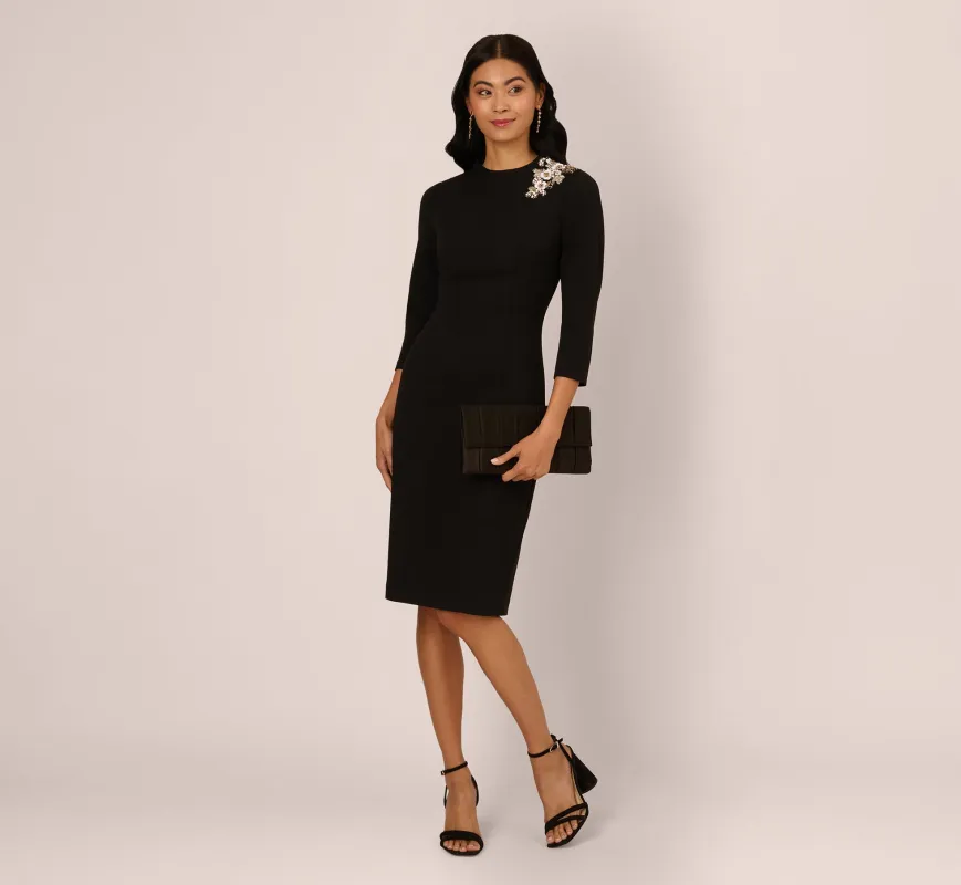 Three Quarter Sleeve Floral Applique Sheath Dress In Black sold by Adrianna Papell