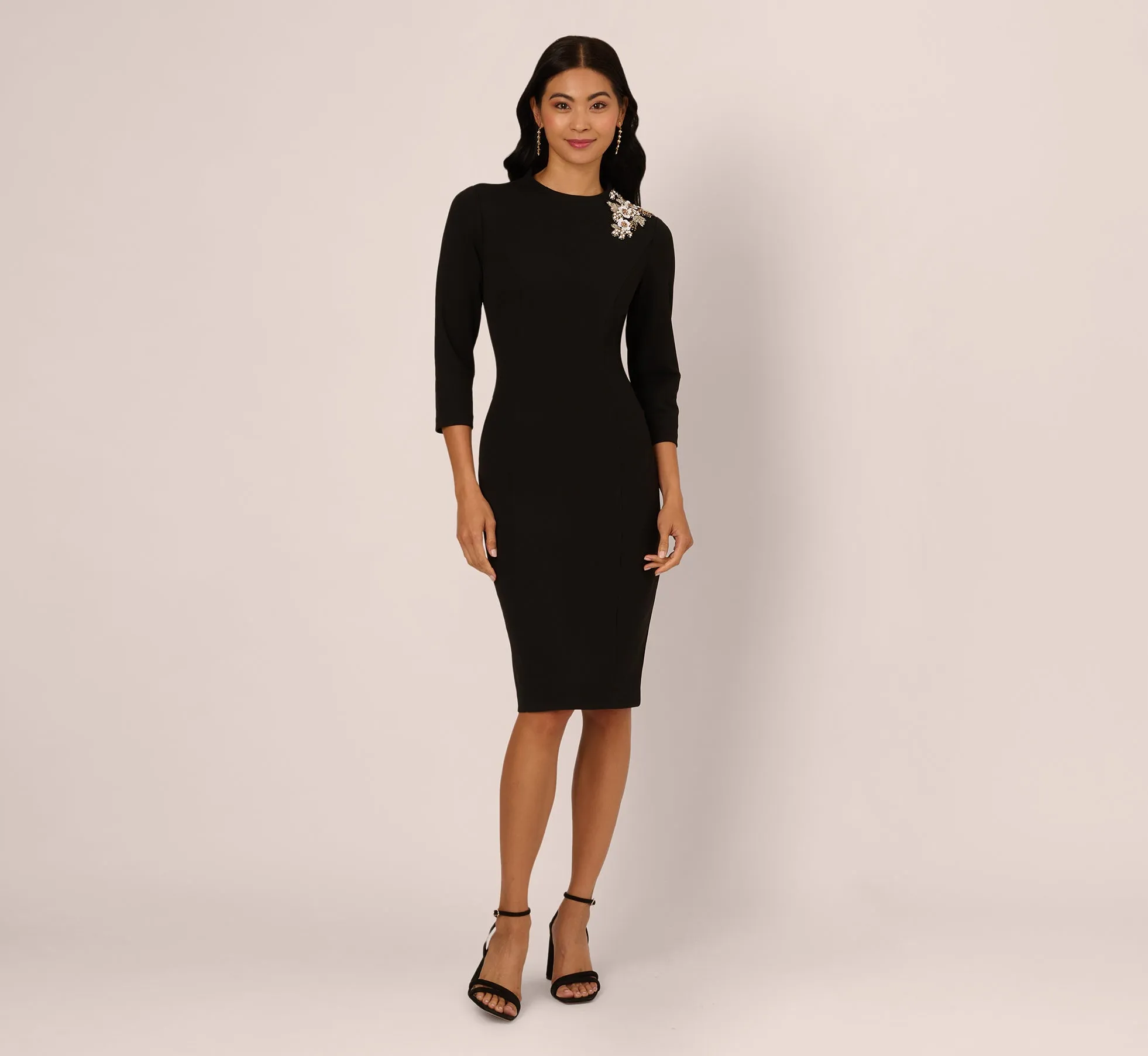 Three Quarter Sleeve Floral Applique Sheath Dress In Black sold by Adrianna Papell product image thumbnail 2
