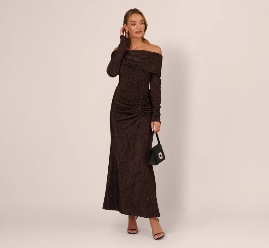 Off Shoulder Long Sleeve Metallic Knit Maxi Dress In Chocolate sold by Adrianna Papell