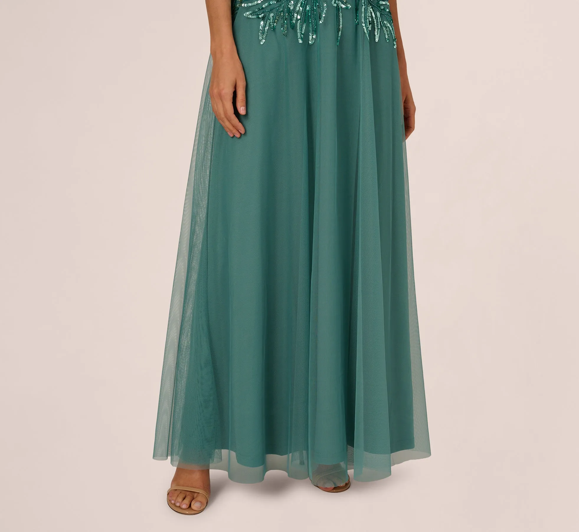 Beaded Mesh Long Dress In Green Slate sold by Adrianna Papell product image thumbnail 4