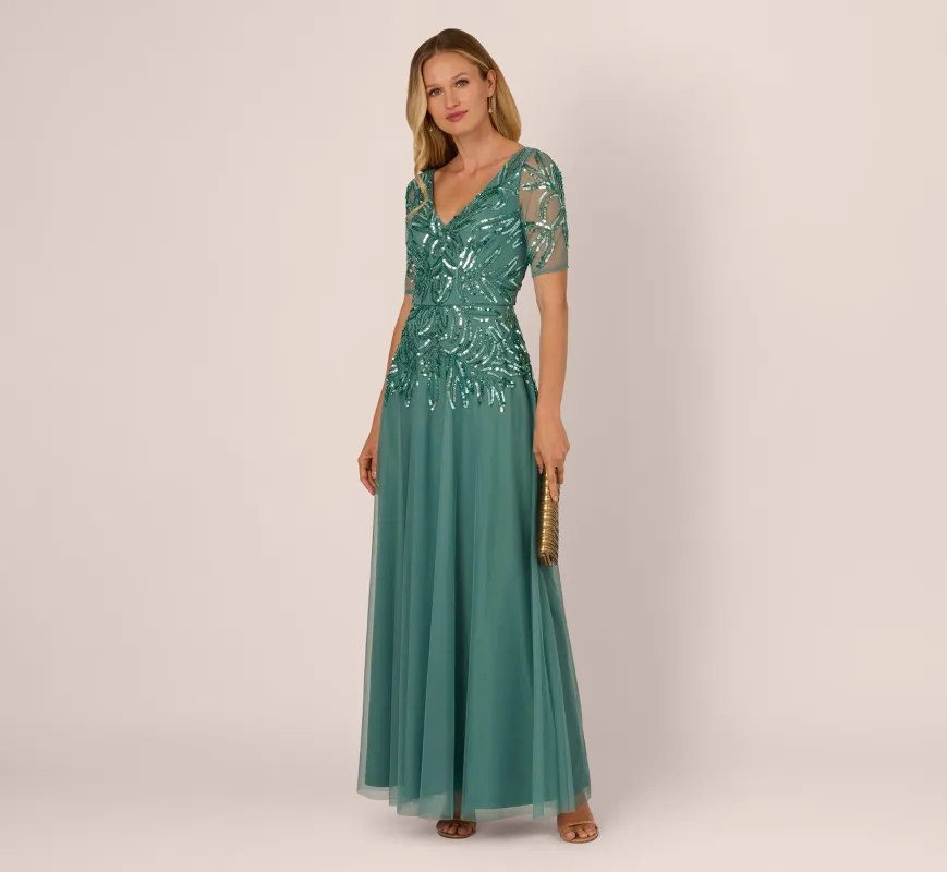 Beaded Mesh Long Dress In Green Slate sold by Adrianna Papell
