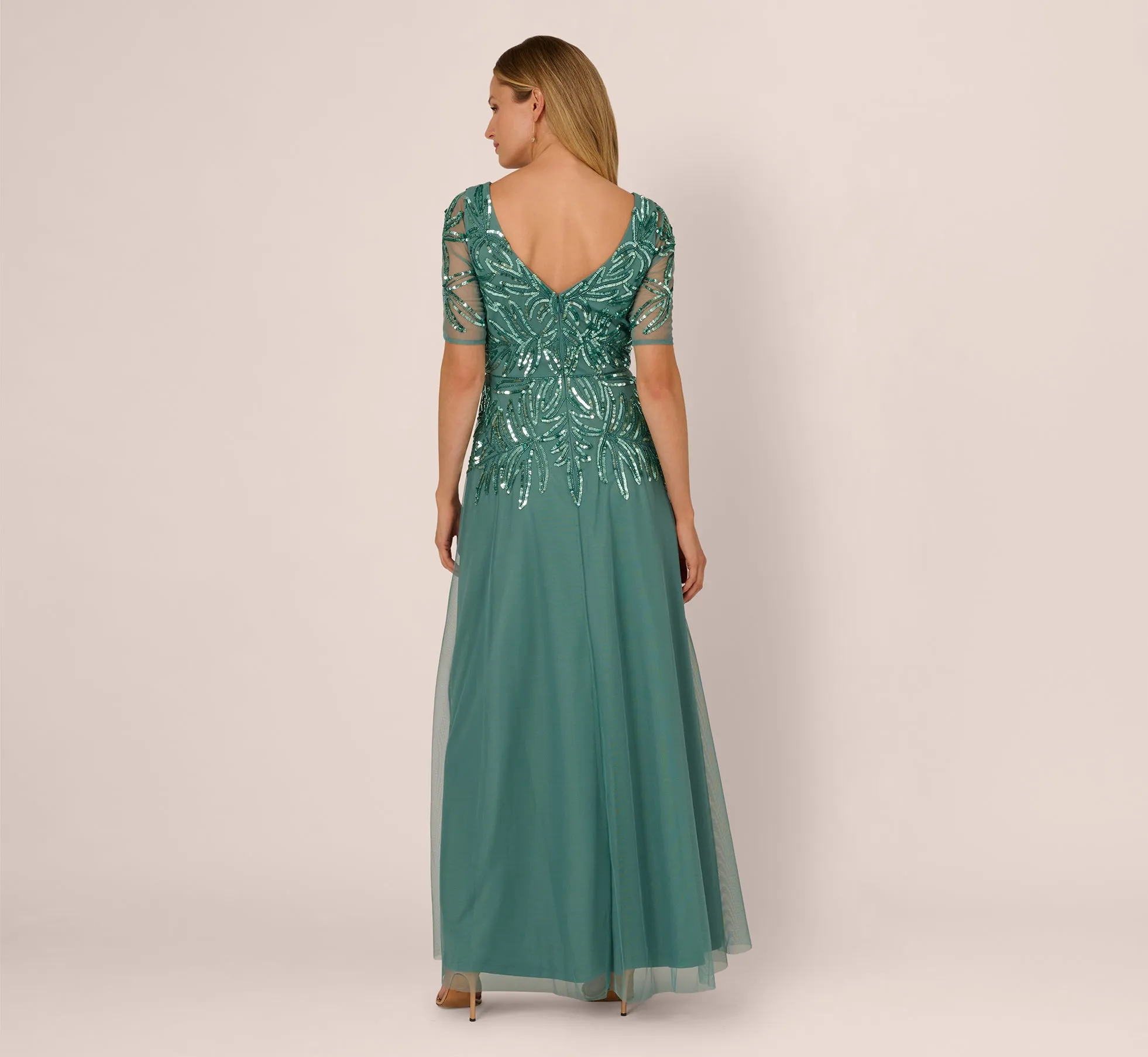 Beaded Mesh Long Dress In Green Slate sold by Adrianna Papell product image thumbnail 5