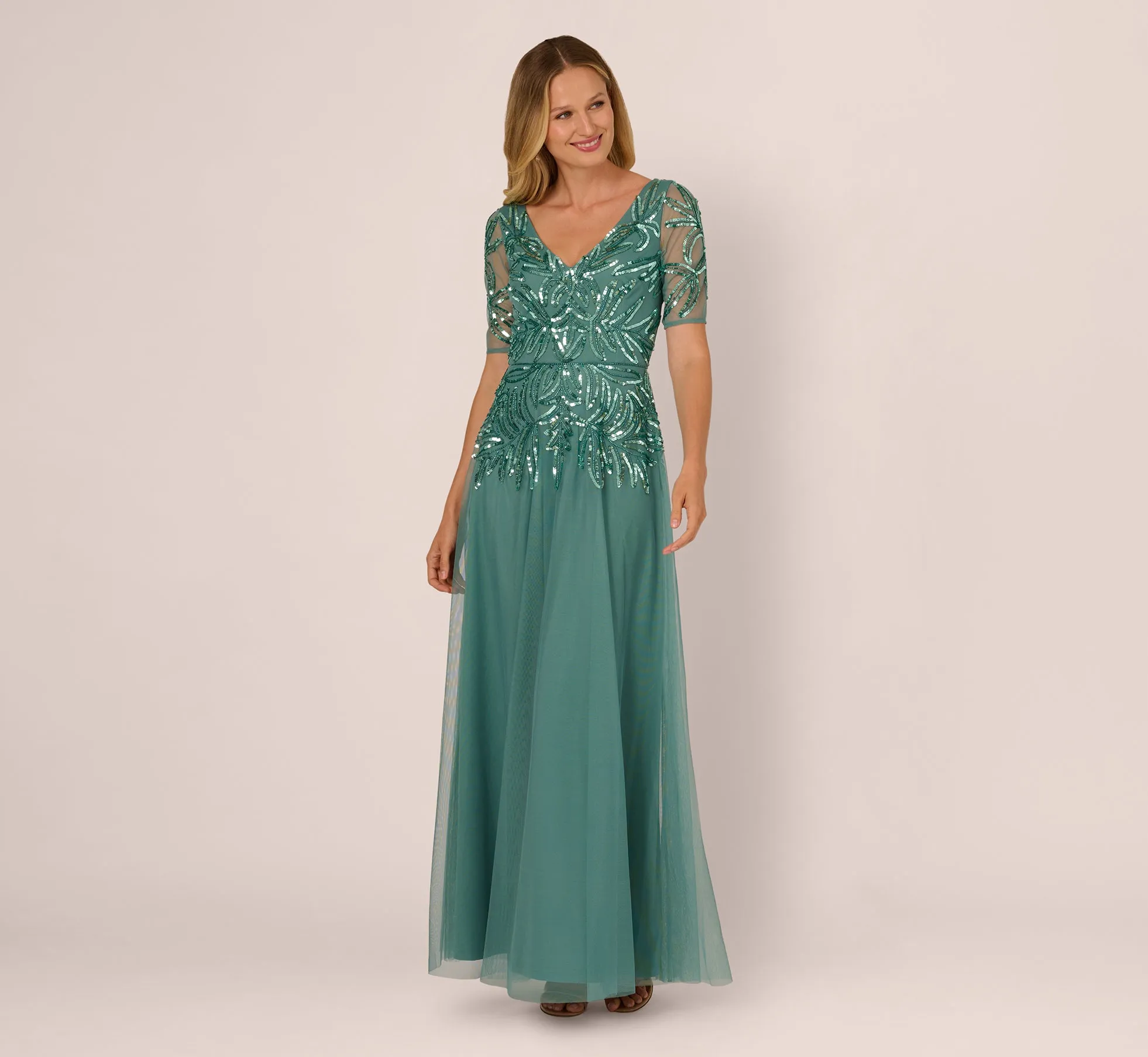 Beaded Mesh Long Dress In Green Slate sold by Adrianna Papell product image thumbnail 2