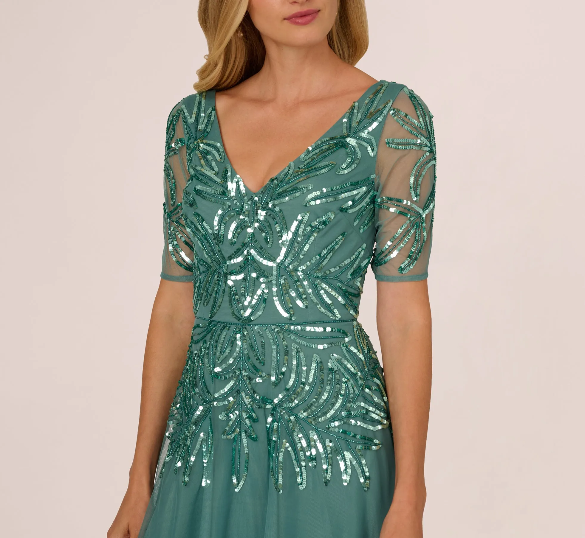 Beaded Mesh Long Dress In Green Slate sold by Adrianna Papell product image thumbnail 3