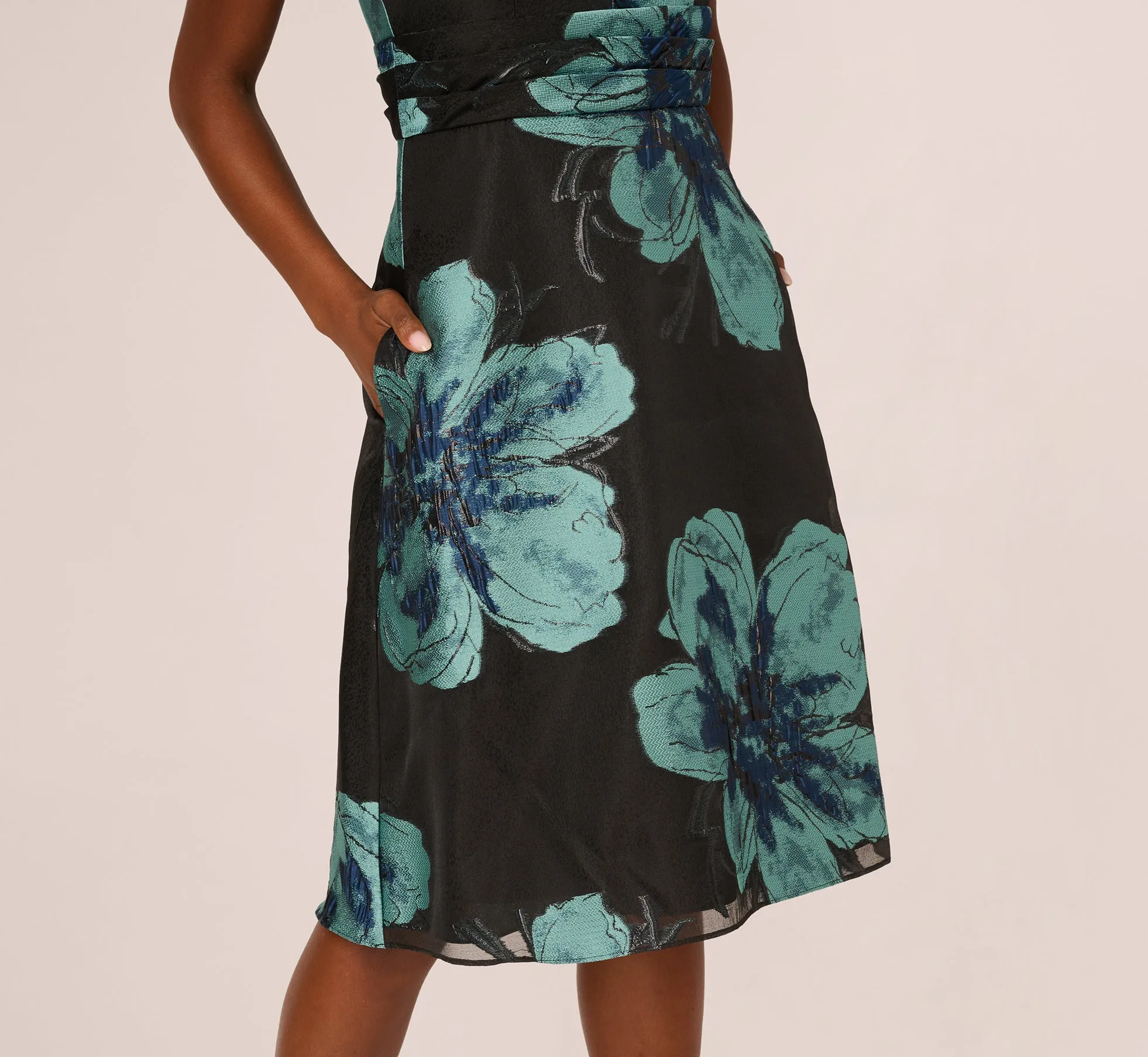 Floral Jacquard Belted A Line Midi Dress In Black Multi sold by Adrianna Papell product image thumbnail 4