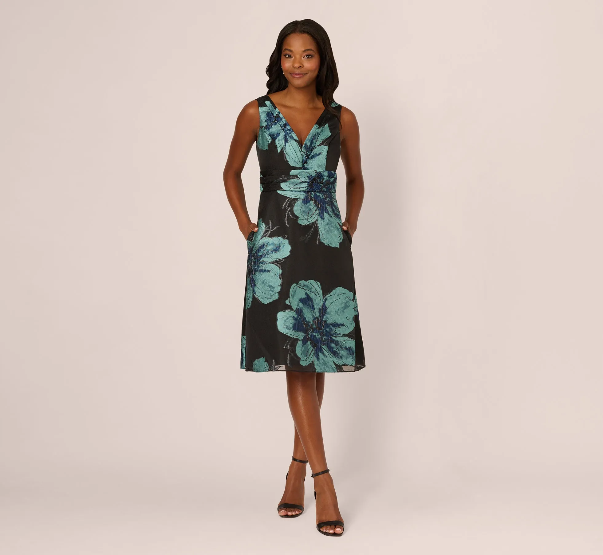 Floral Jacquard Belted A Line Midi Dress In Black Multi sold by Adrianna Papell product image thumbnail 2