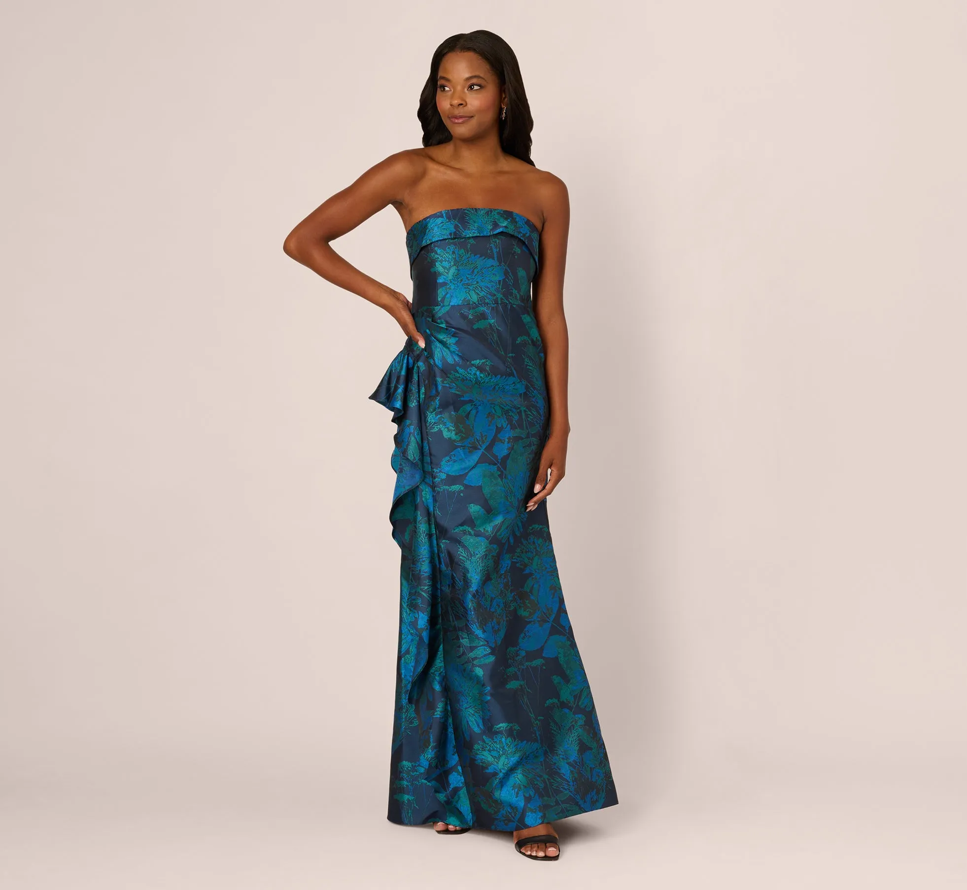 Strapless Draped Floral Jacquard Gown In Cobalt Multi sold by Adrianna Papell product image thumbnail 2
