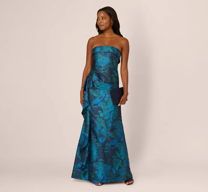 Strapless Draped Floral Jacquard Gown In Cobalt Multi sold by Adrianna Papell
