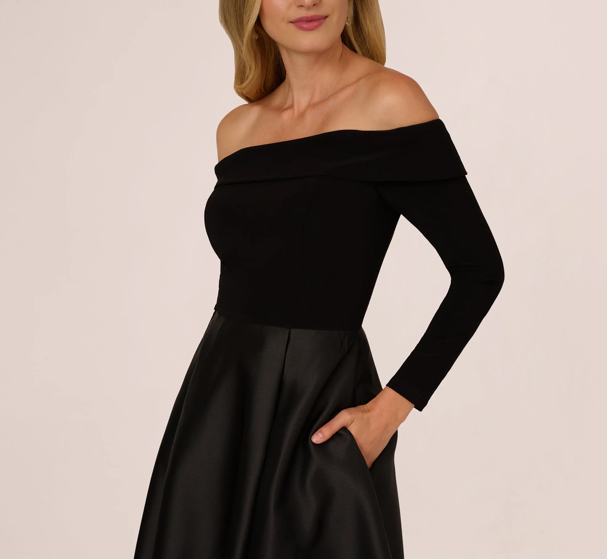 Off Shoulder Long Sleeve Mikado Combo Gown In Black sold by Adrianna Papell product image thumbnail 4