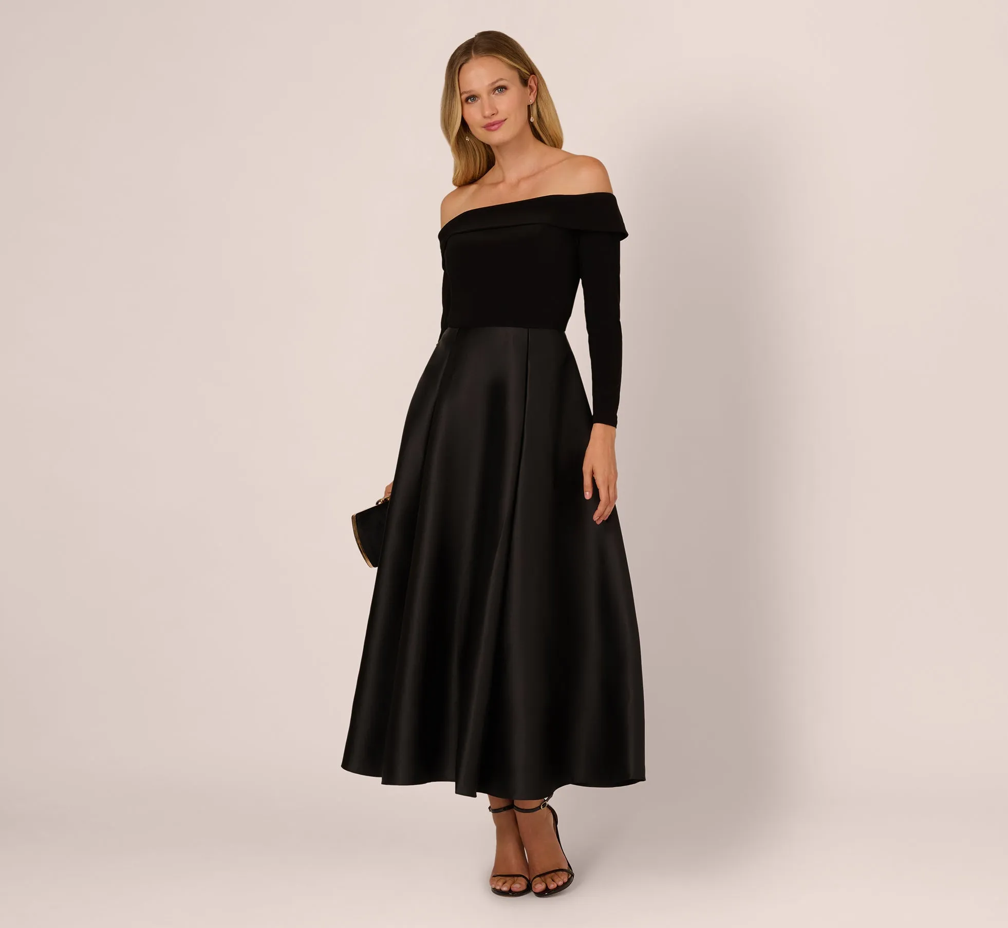 Off Shoulder Long Sleeve Mikado Combo Gown In Black sold by Adrianna Papell