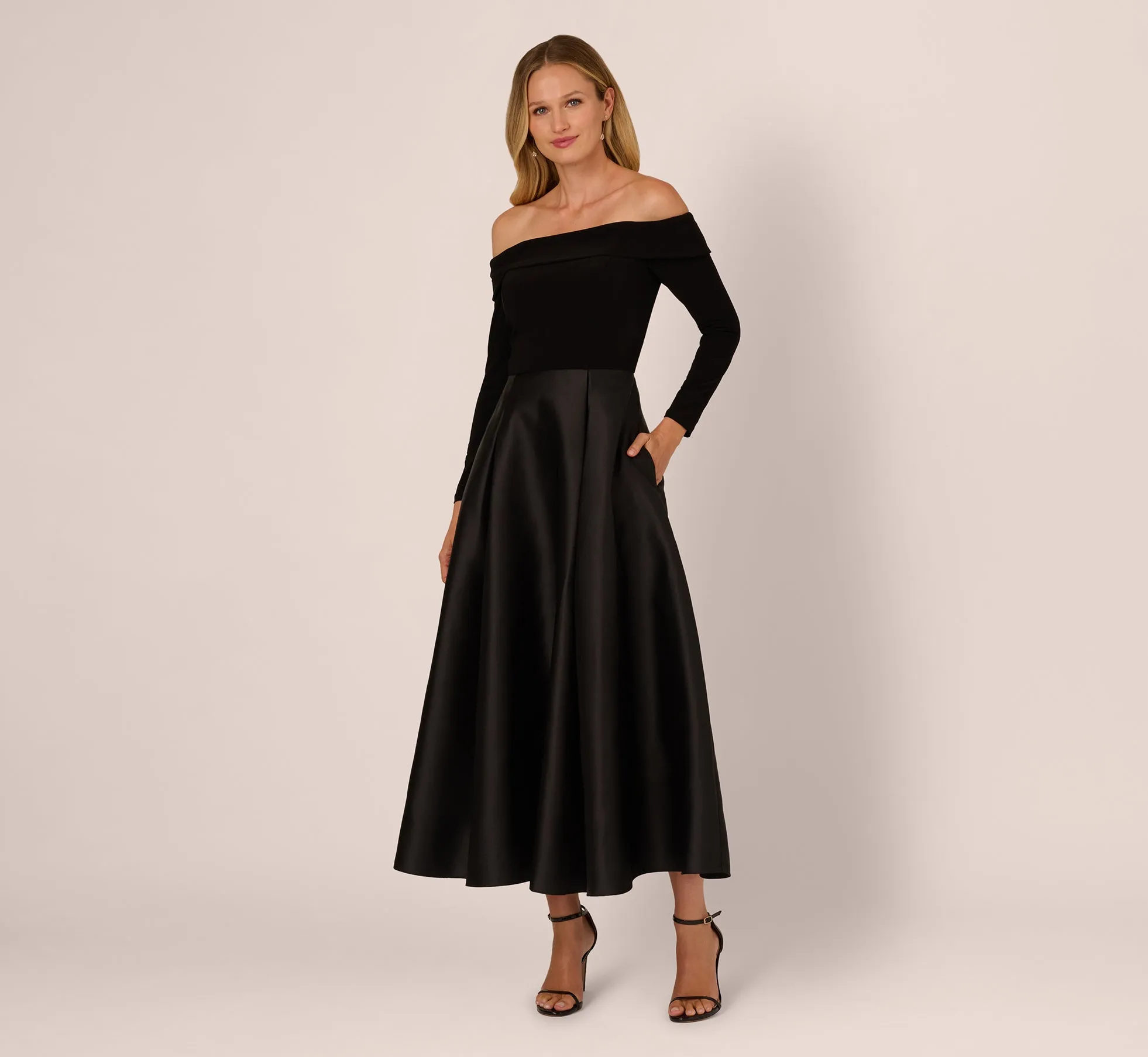 Off Shoulder Long Sleeve Mikado Combo Gown In Black sold by Adrianna Papell product image thumbnail 2