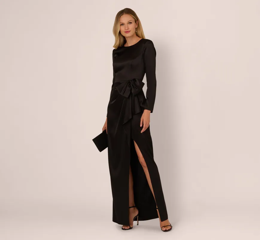 Long Sleeve Satin Bow Gown In Black made by Adrianna Papell