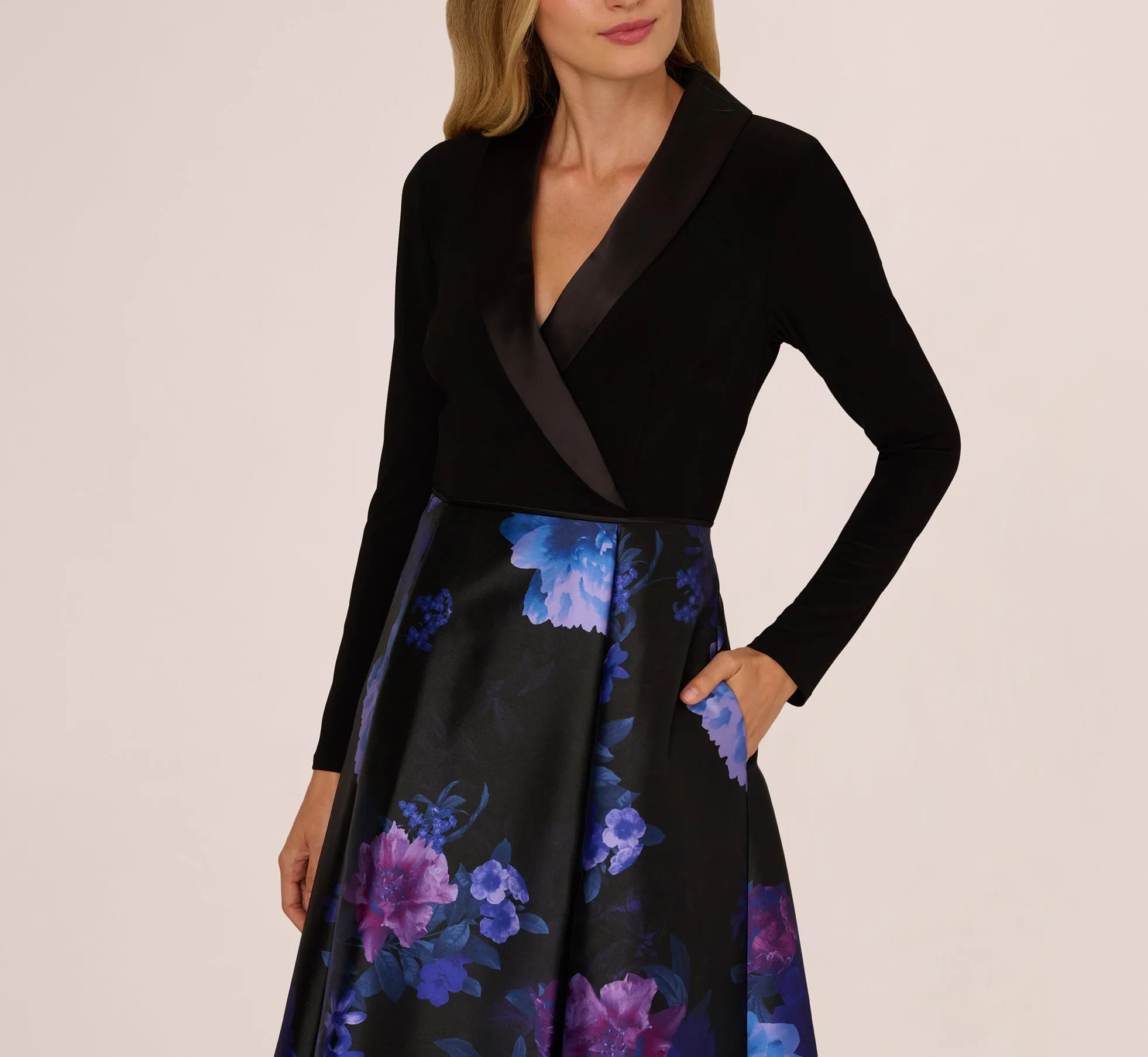 Long Sleeve Floral Tuxedo Combo Ballgown In Black Multi sold by Adrianna Papell product image thumbnail 3