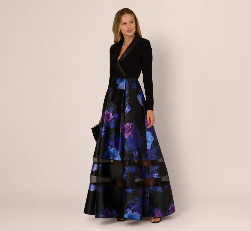 Long Sleeve Floral Tuxedo Combo Ballgown In Black Multi sold by Adrianna Papell