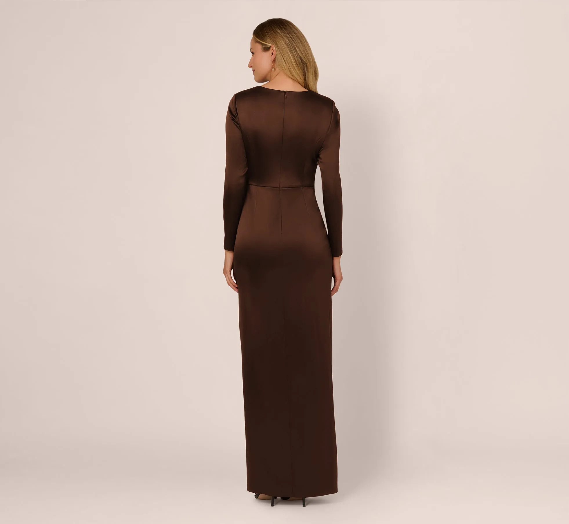 Long Sleeve Satin Bow Gown In Chocolate sold by Adrianna Papell product image thumbnail 5