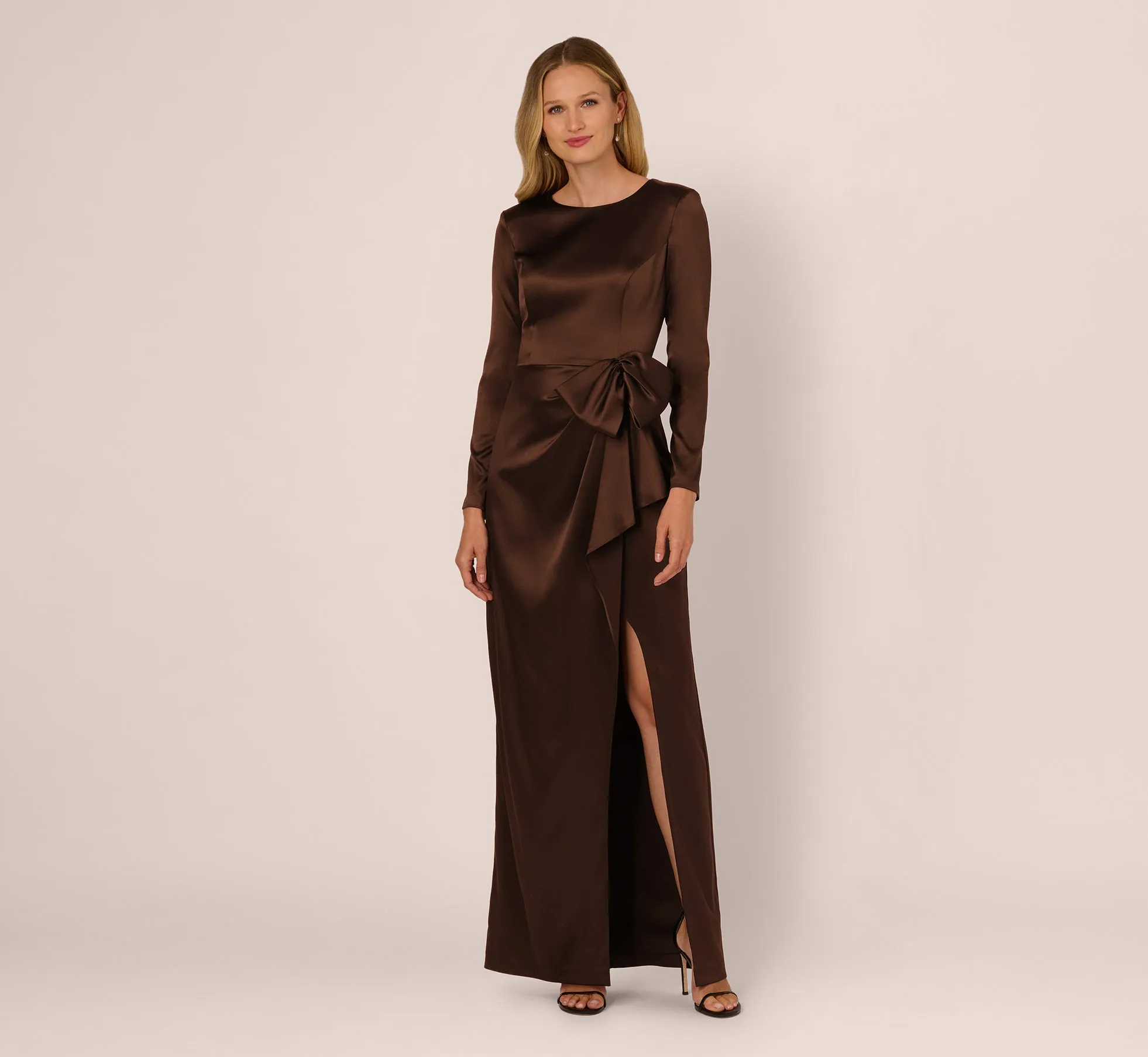 Long Sleeve Satin Bow Gown In Chocolate sold by Adrianna Papell product image thumbnail 2