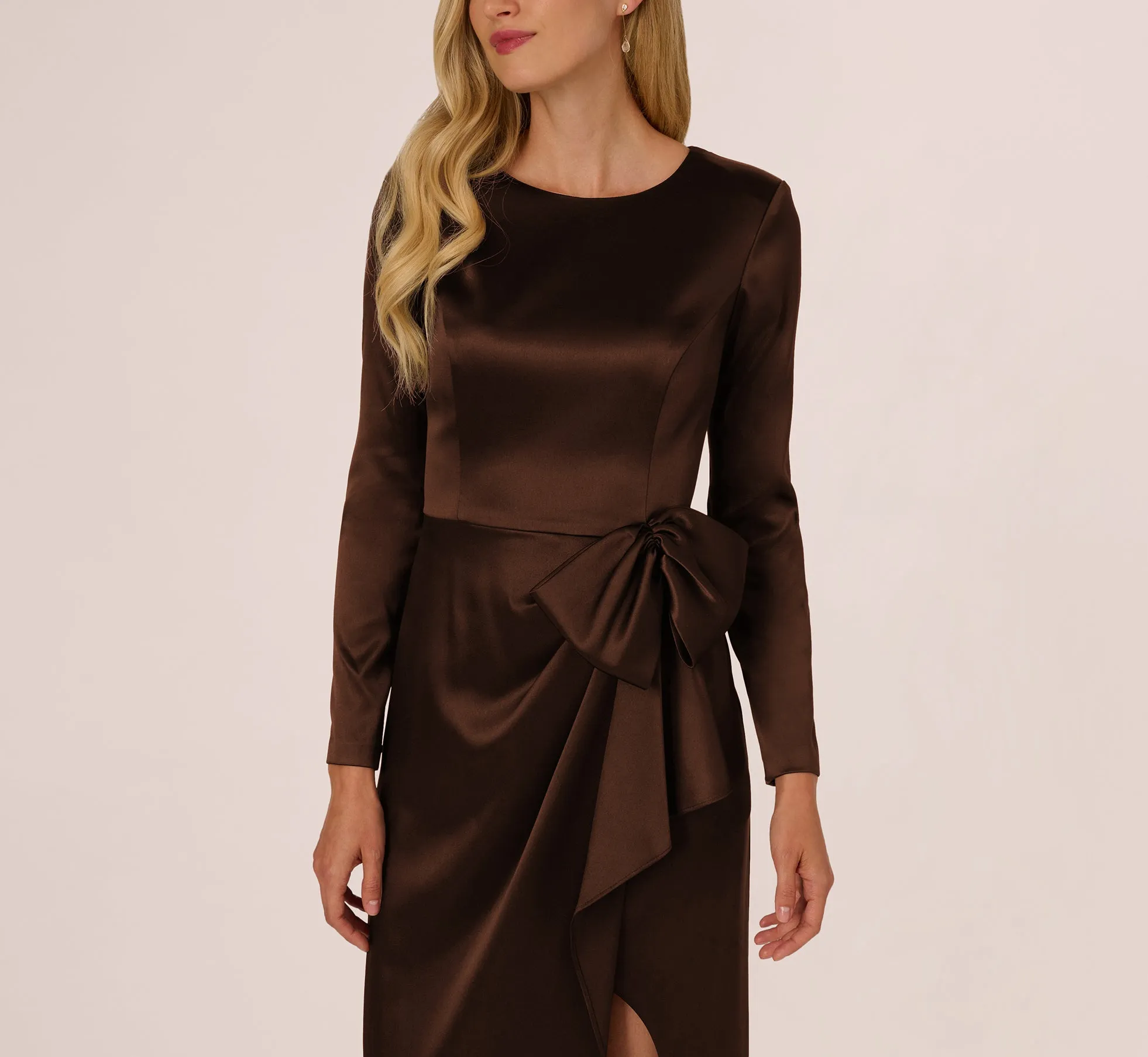 Long Sleeve Satin Bow Gown In Chocolate sold by Adrianna Papell product image thumbnail 3