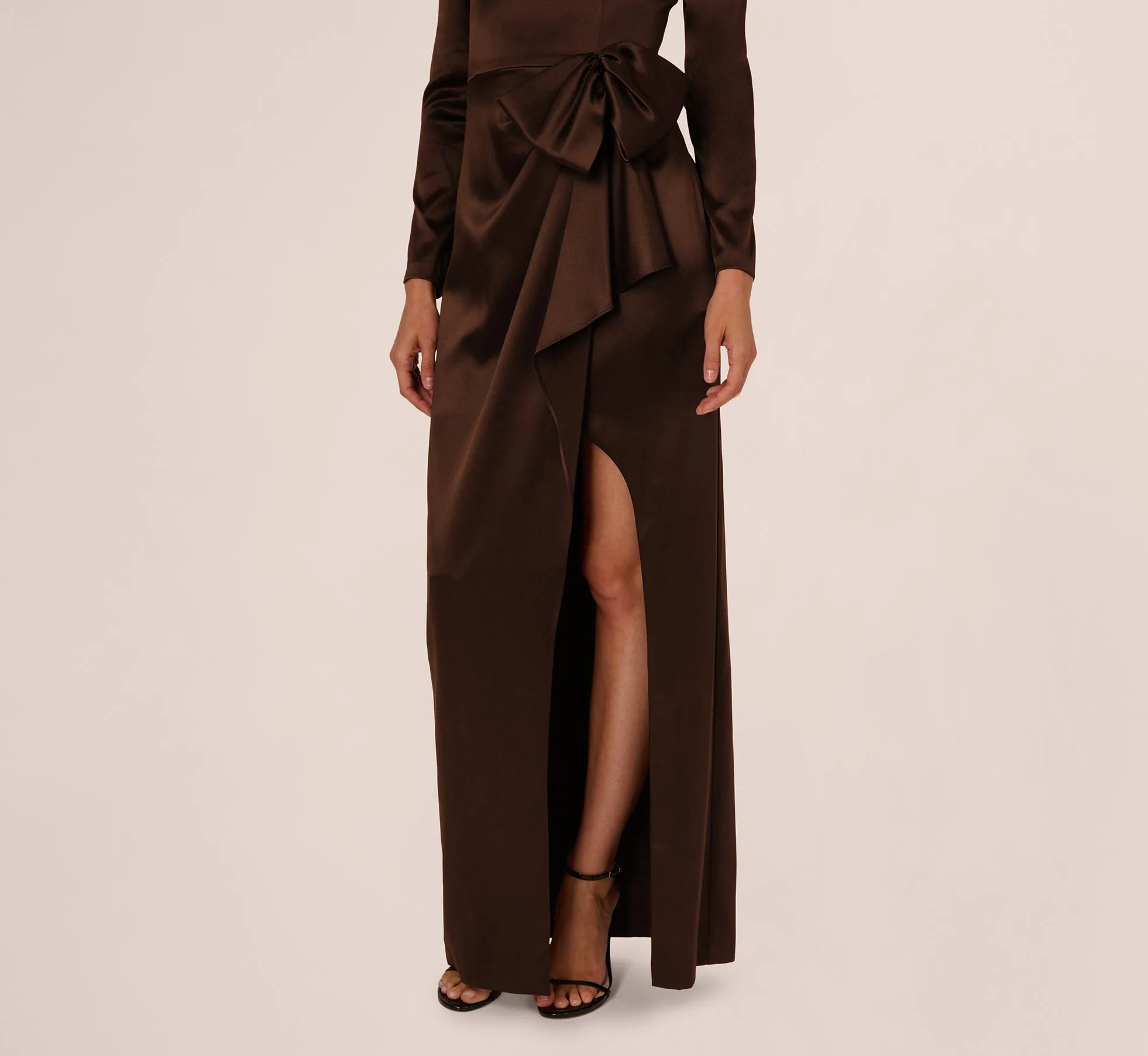 Long Sleeve Satin Bow Gown In Chocolate sold by Adrianna Papell product image thumbnail 4