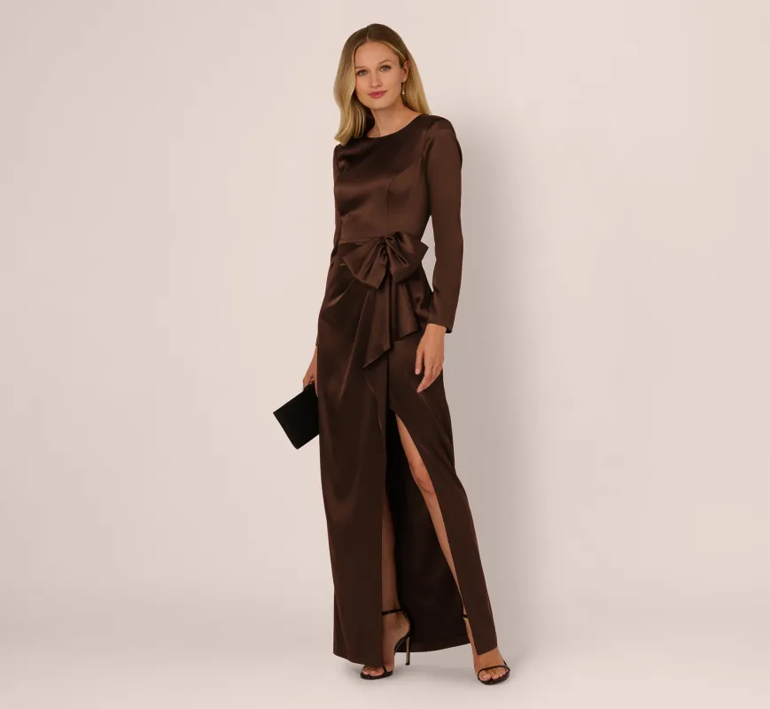 Long Sleeve Satin Bow Gown In Chocolate sold by Adrianna Papell