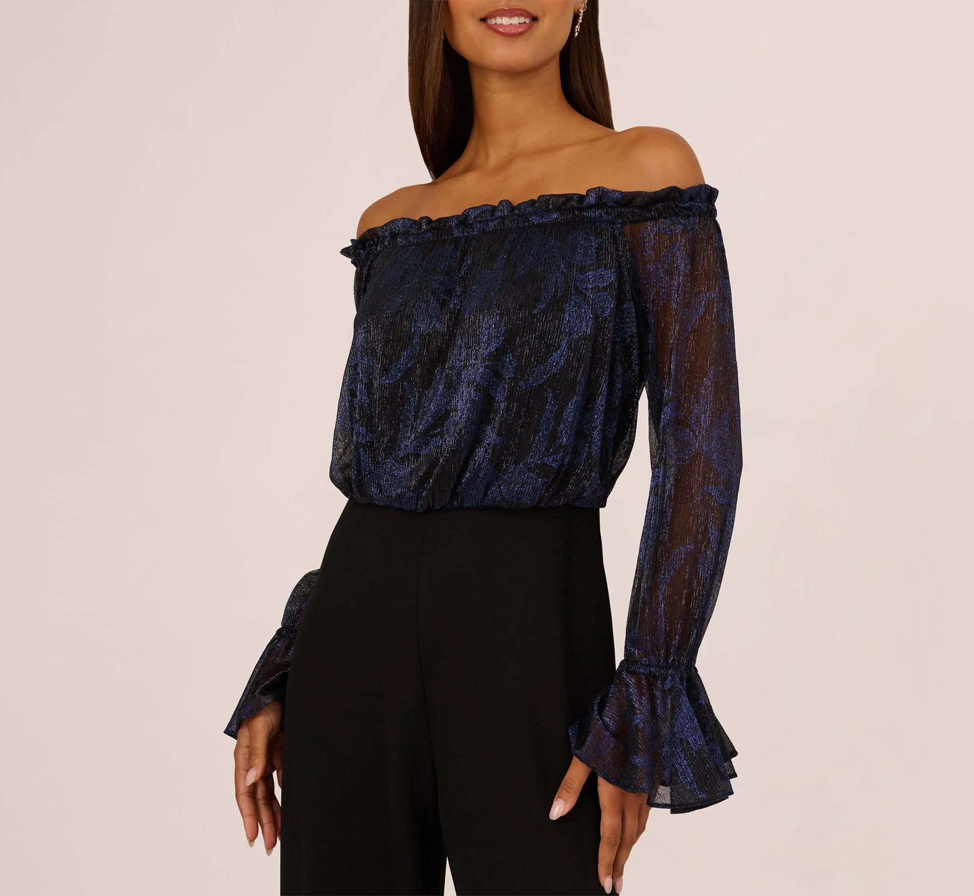 Long Sleeve Off Shoulder Metallic Combo Jumpsuit In Navy Black sold by Adrianna Papell product image thumbnail 3