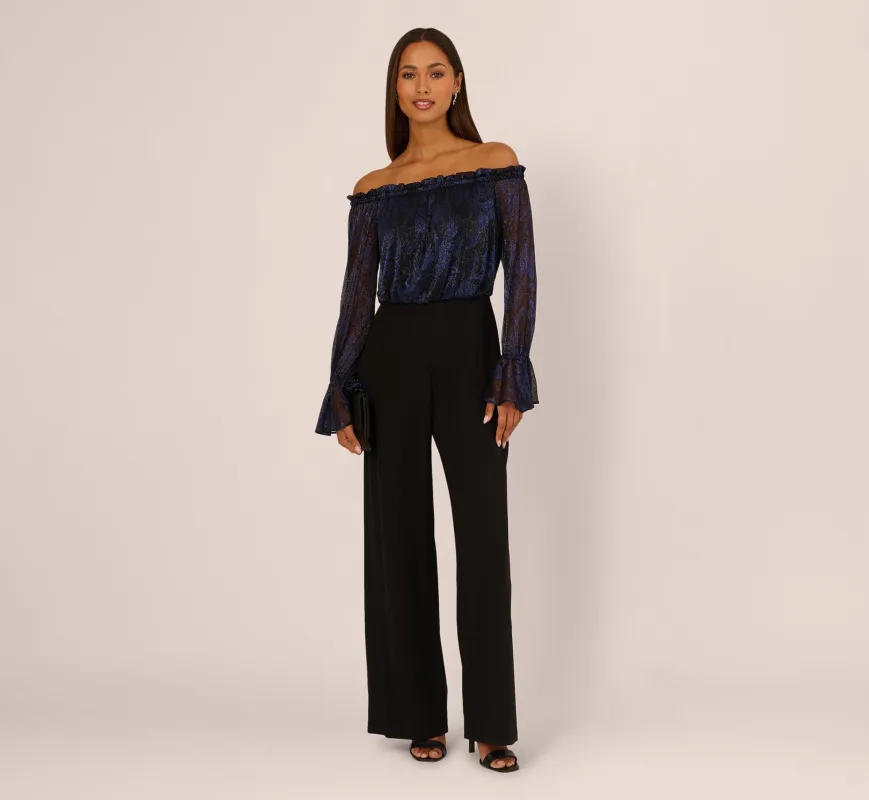 Long Sleeve Off Shoulder Metallic Combo Jumpsuit In Navy Black sold by Adrianna Papell