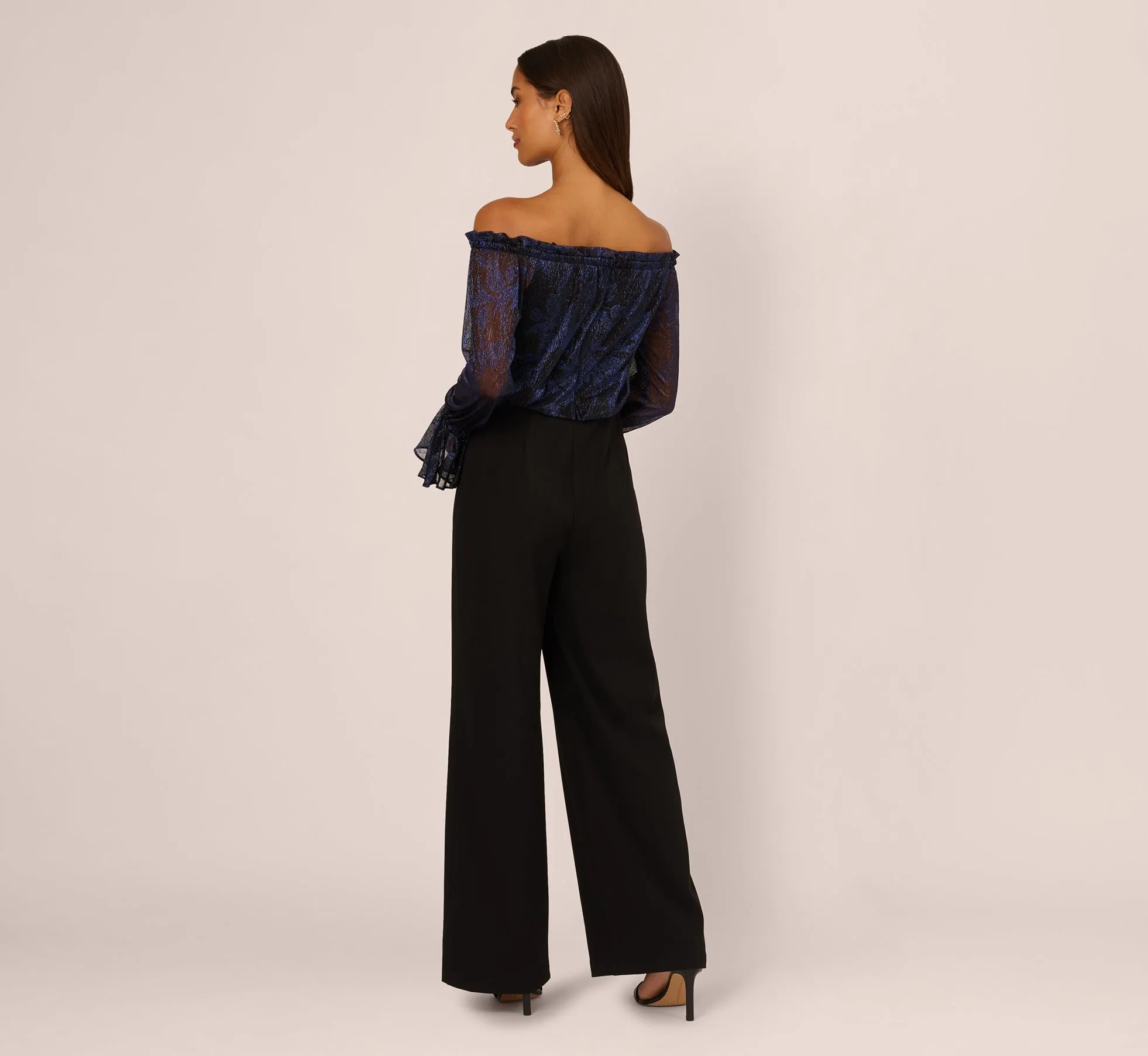 Long Sleeve Off Shoulder Metallic Combo Jumpsuit In Navy Black sold by Adrianna Papell product image thumbnail 5