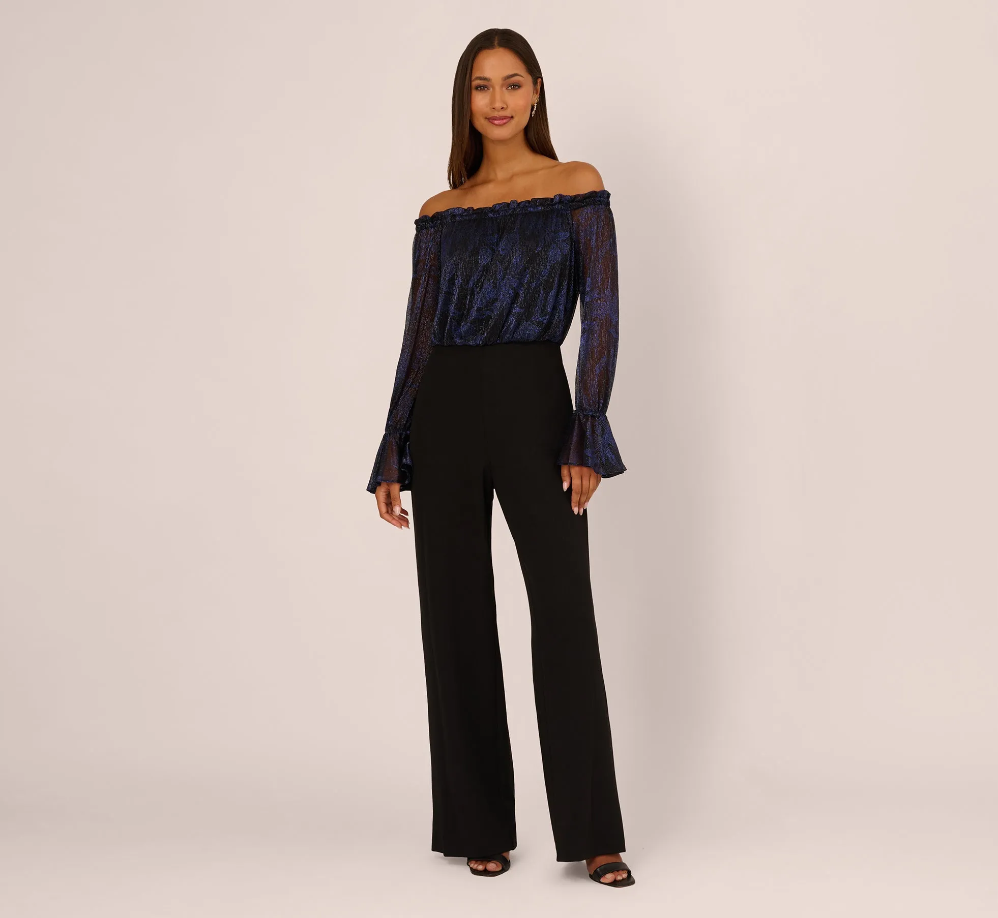Long Sleeve Off Shoulder Metallic Combo Jumpsuit In Navy Black sold by Adrianna Papell product image thumbnail 2