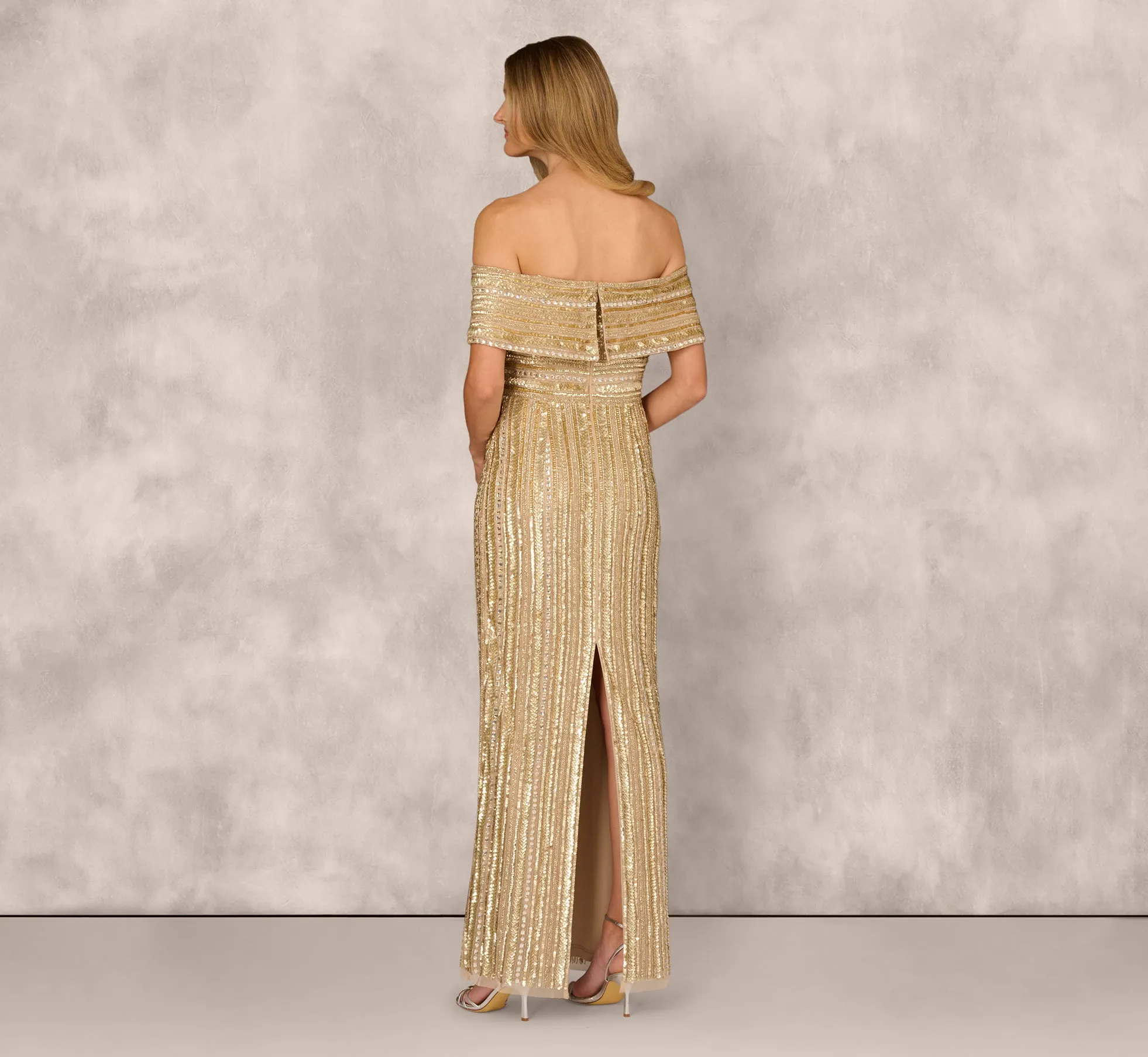 Off Shoulder Sequin Bead Column Gown In Gold sold by Adrianna Papell product image thumbnail 5