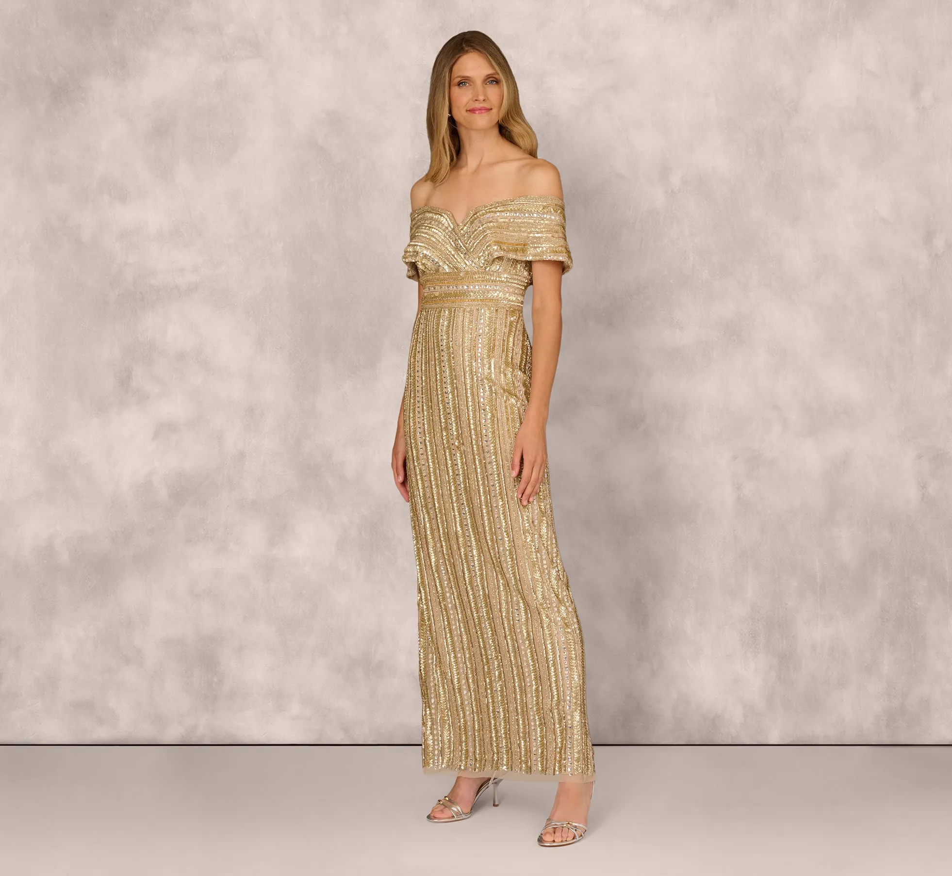Off Shoulder Sequin Bead Column Gown In Gold sold by Adrianna Papell product image thumbnail 2