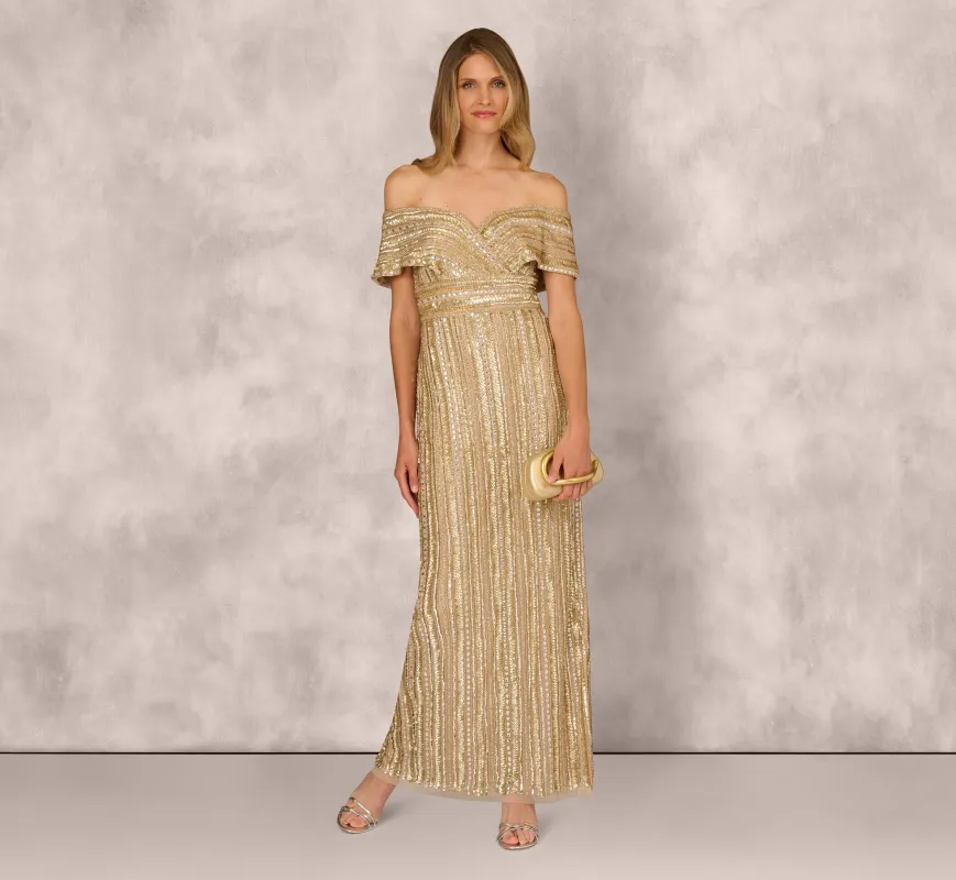 Off Shoulder Sequin Bead Column Gown In Gold sold by Adrianna Papell