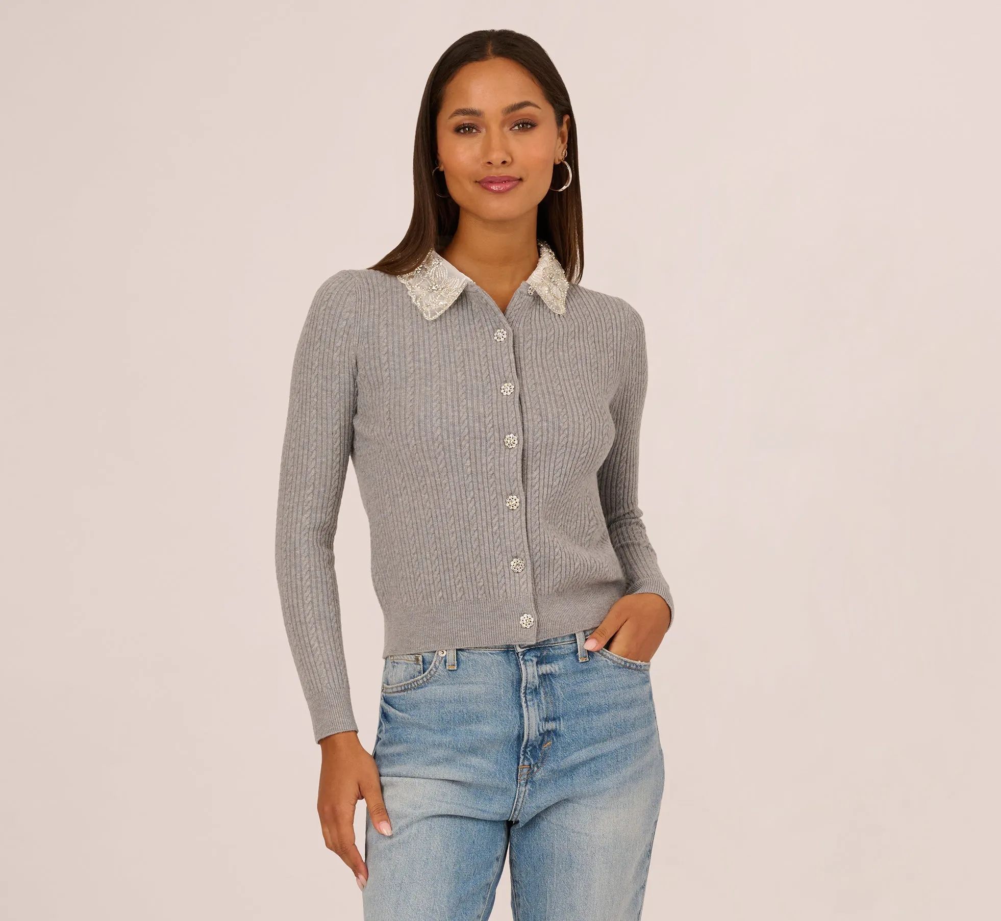 Beaded Collar Twofer Cardigan Sweater In Heather Grey sold by Adrianna Papell product image thumbnail 3