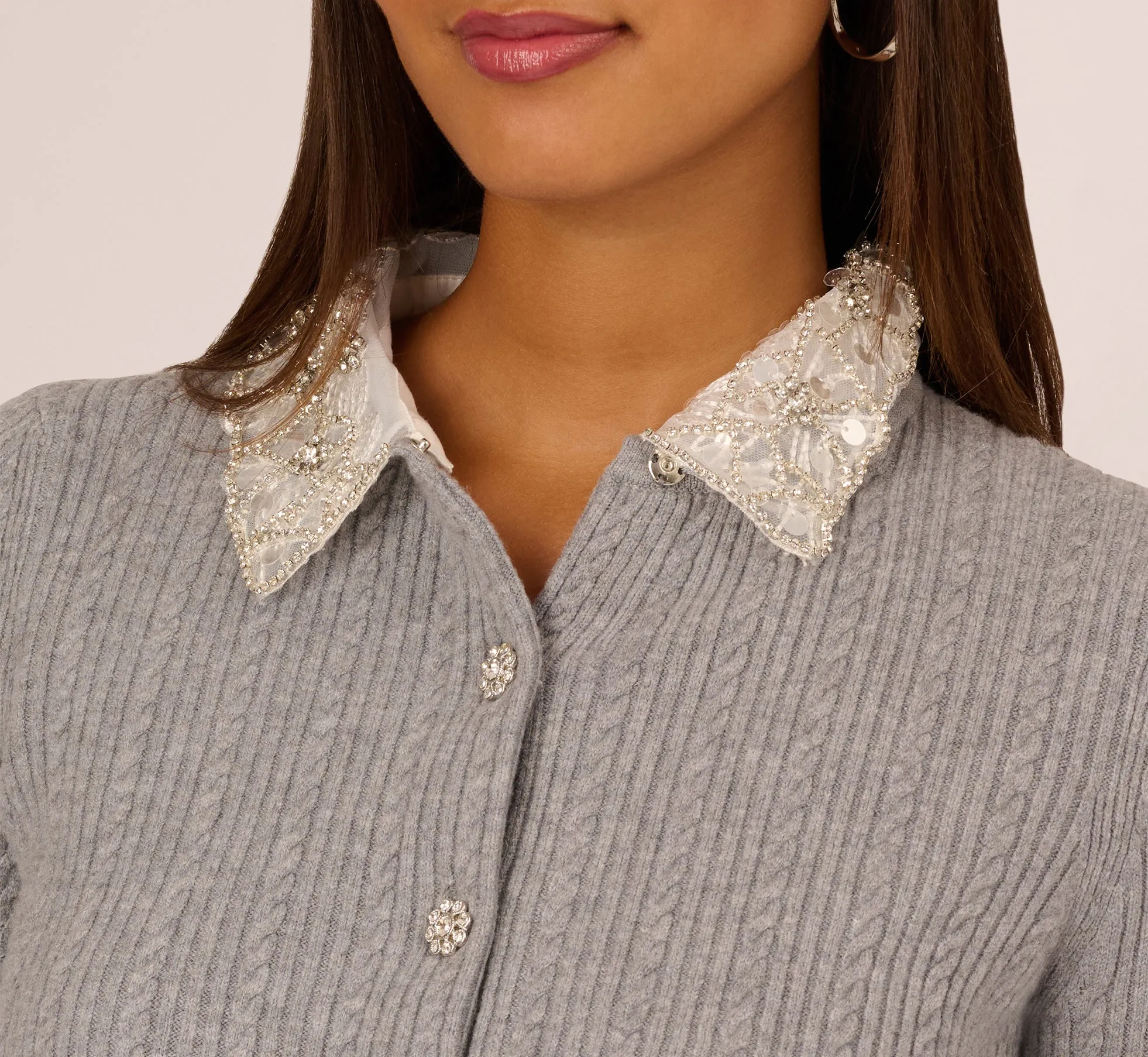 Beaded Collar Twofer Cardigan Sweater In Heather Grey sold by Adrianna Papell product image thumbnail 4