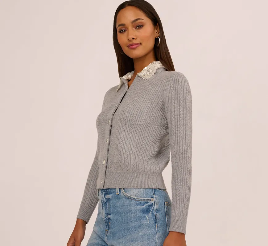 Beaded Collar Twofer Cardigan Sweater In Heather Grey made by Adrianna Papell