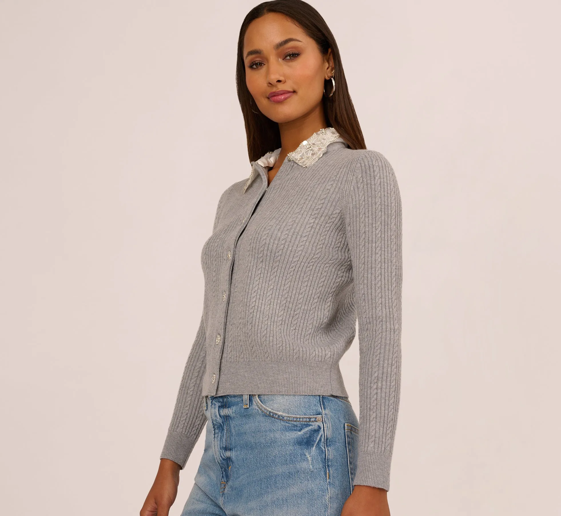 Beaded Collar Twofer Cardigan Sweater In Heather Grey sold by Adrianna Papell