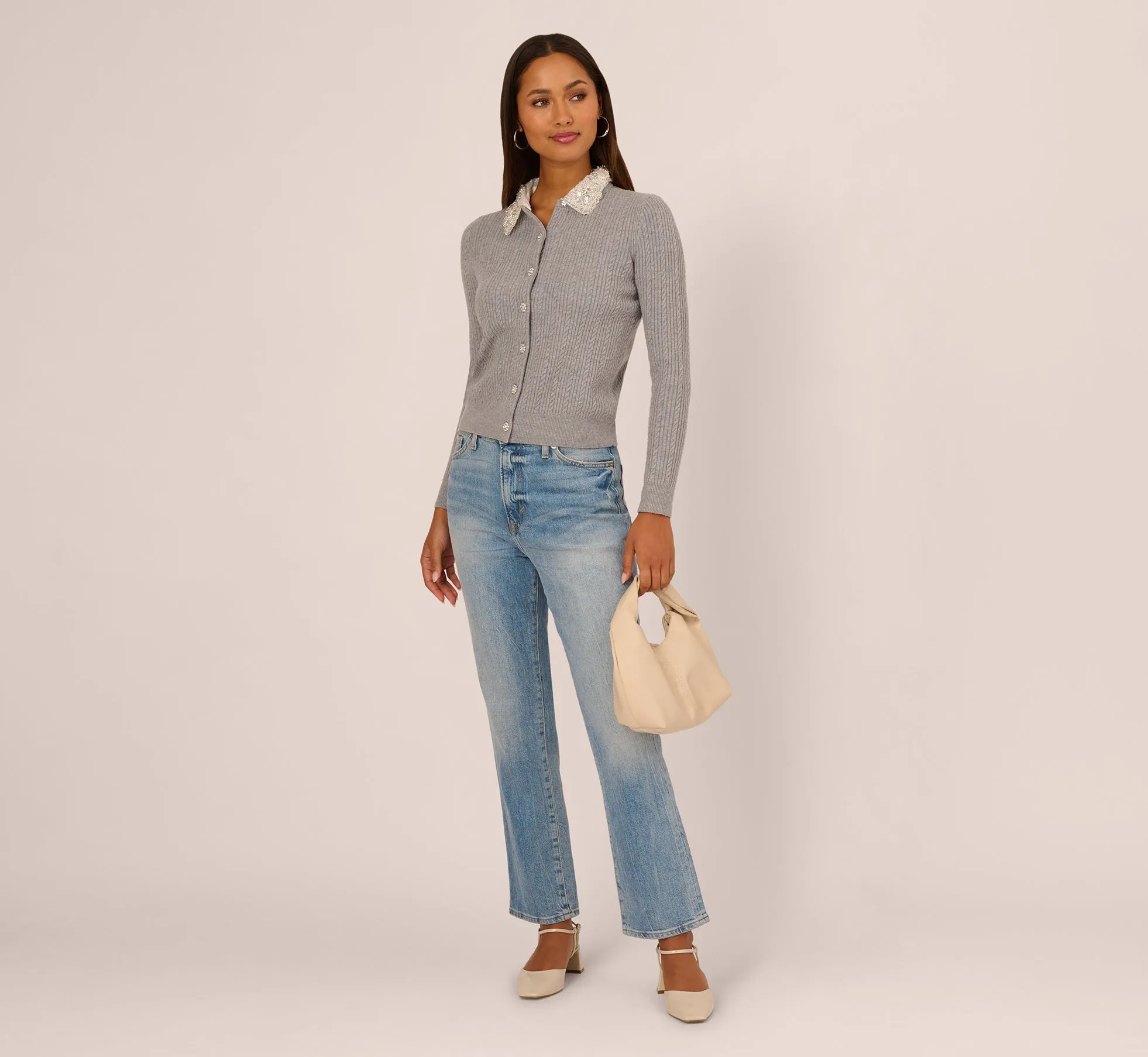 Beaded Collar Twofer Cardigan Sweater In Heather Grey sold by Adrianna Papell product image thumbnail 2