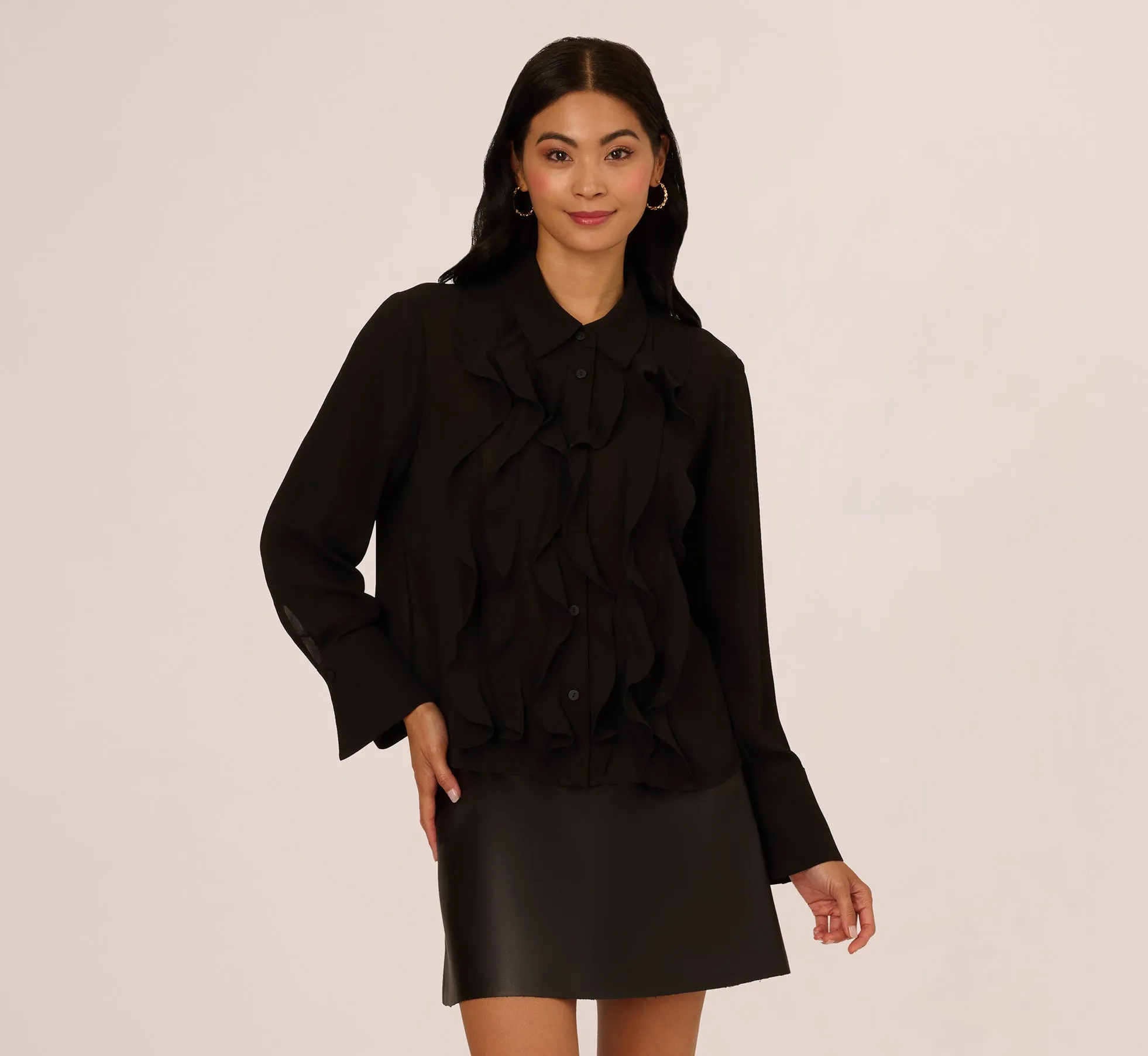 Long Sleeve Sheer Ruffle Front Blouse In Black sold by Adrianna Papell product image thumbnail 4
