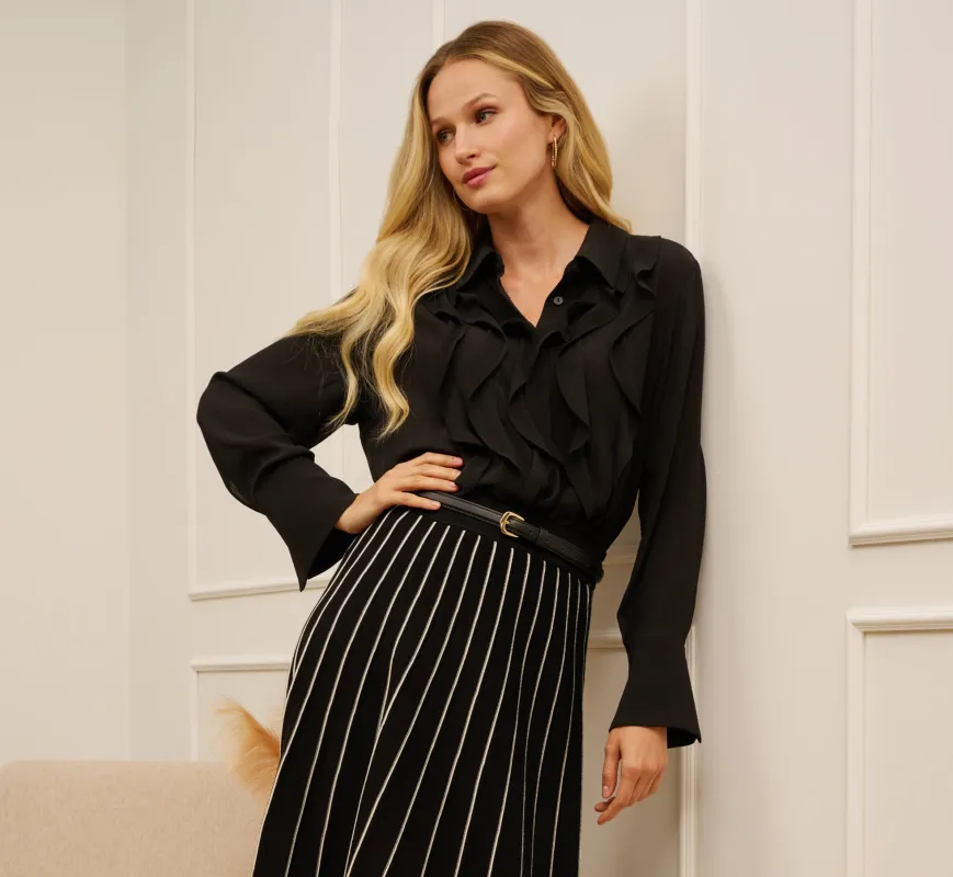 Long Sleeve Sheer Ruffle Front Blouse In Black sold by Adrianna Papell