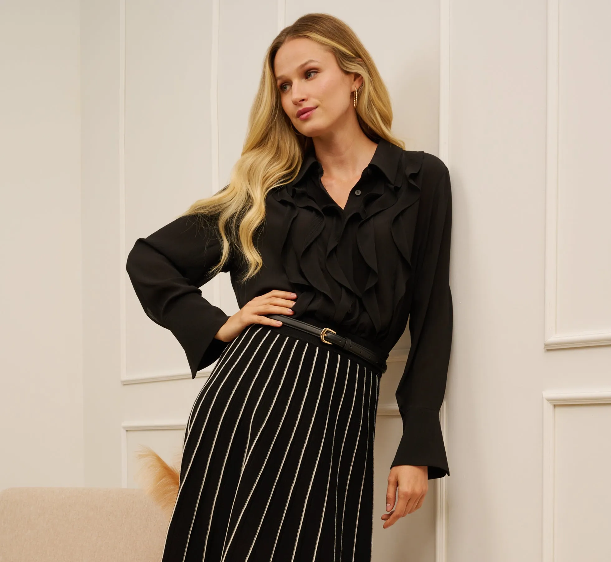 Long Sleeve Sheer Ruffle Front Blouse In Black sold by Adrianna Papell
