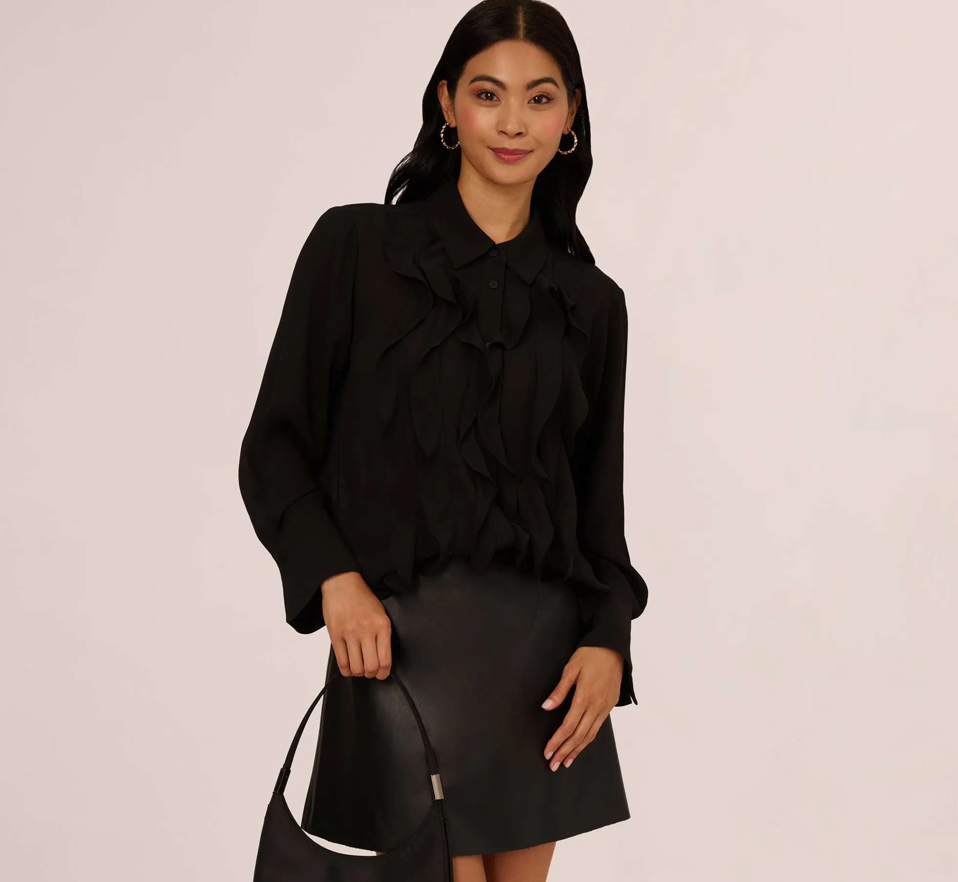 Long Sleeve Sheer Ruffle Front Blouse In Black sold by Adrianna Papell product image thumbnail 2