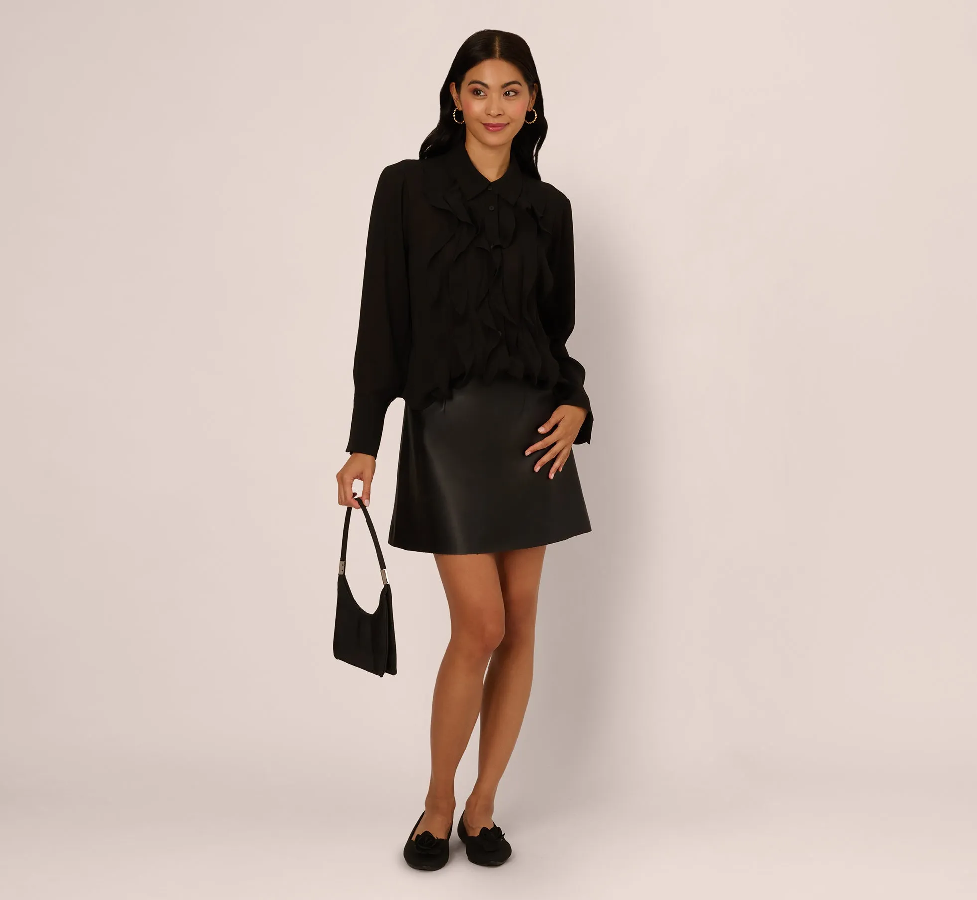 Long Sleeve Sheer Ruffle Front Blouse In Black sold by Adrianna Papell product image thumbnail 3